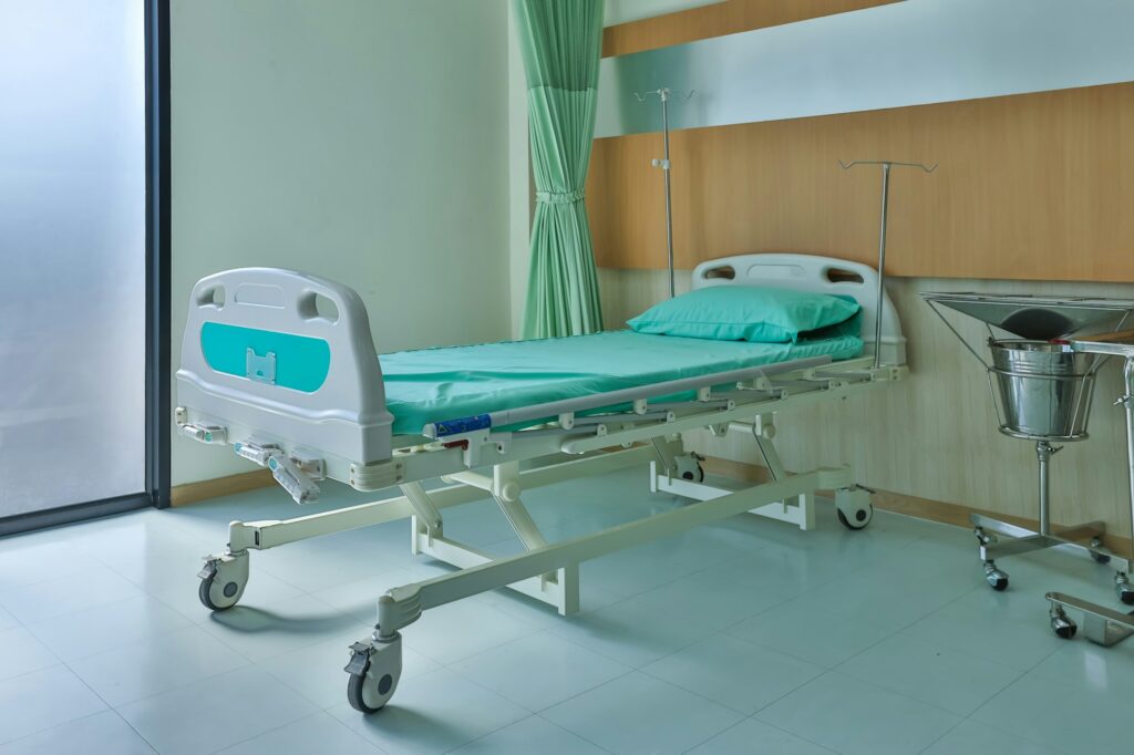 Hospital bed. Room with beds and comfortable medical.