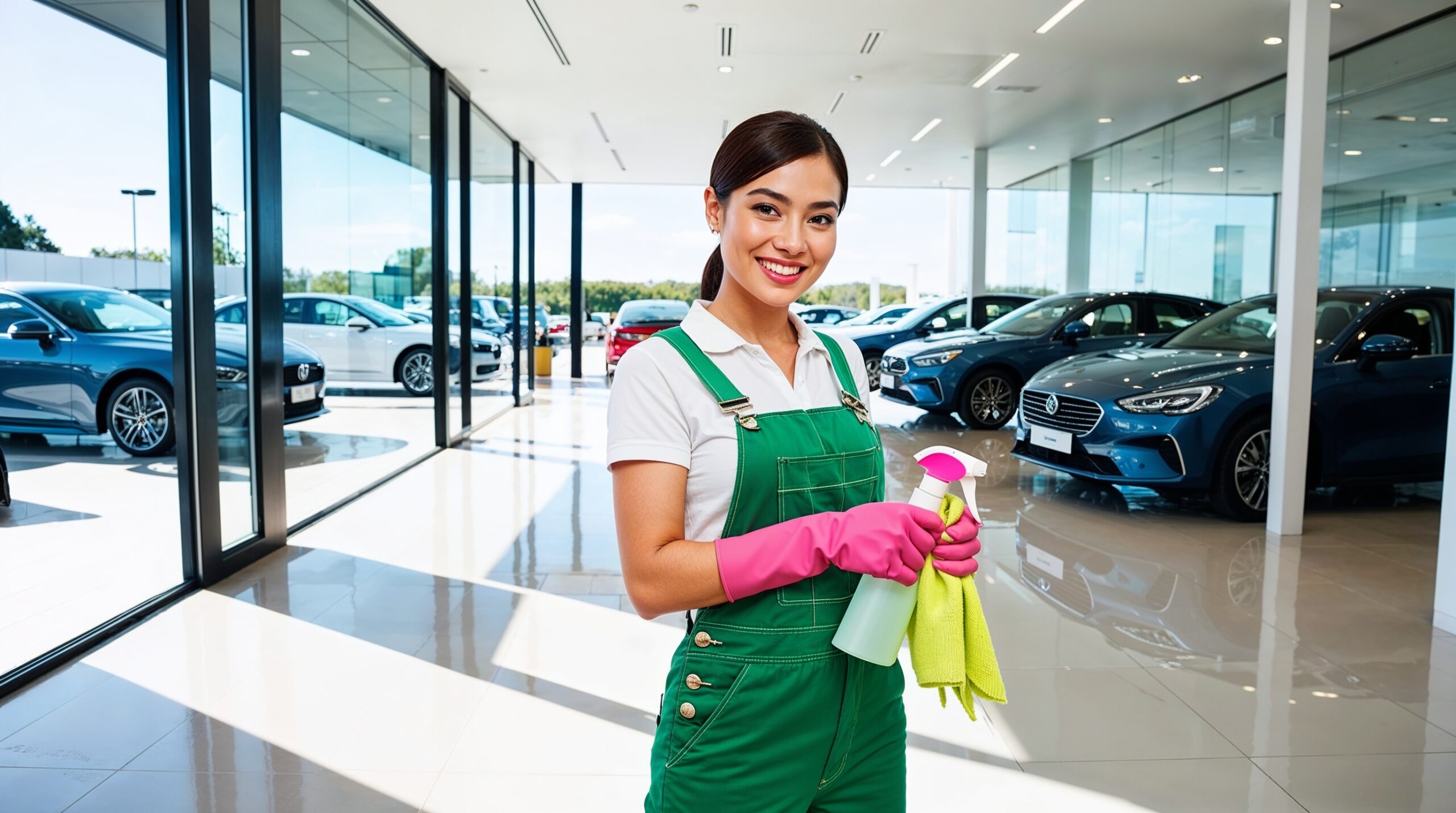 Car Dealership Cleaning Provo Utah - A smiling cleaner wearing green overalls and pink gloves holds a spray bottle and a microfiber cloth while standing in a bright, modern car showroom. The space features a gleaming tiled floor and large glass windows showcasing rows of polished cars, including blue and white models. The clean, professional environment highlights attention to detail and high standards of cleanliness.