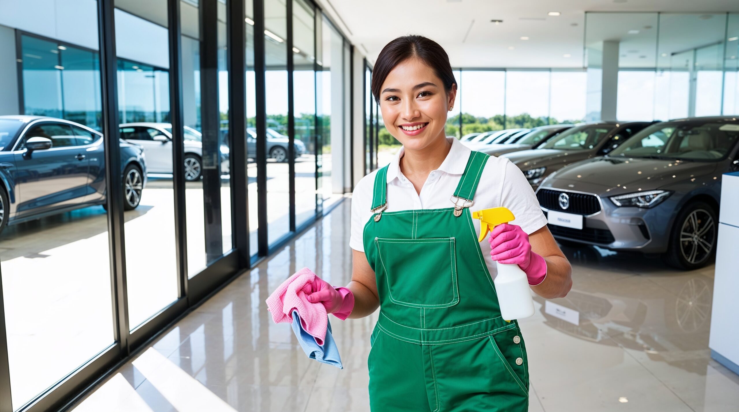 Car Dealership Cleaning Provo Utah - A cheerful cleaner in green overalls and pink gloves stands in a sleek car showroom holding a spray bottle and cleaning cloths. The spotless environment features a shiny tiled floor, large glass windows, and a display of luxury cars, including silver and gray models. The bright natural light and modern design emphasize a professional and meticulous cleaning standard.