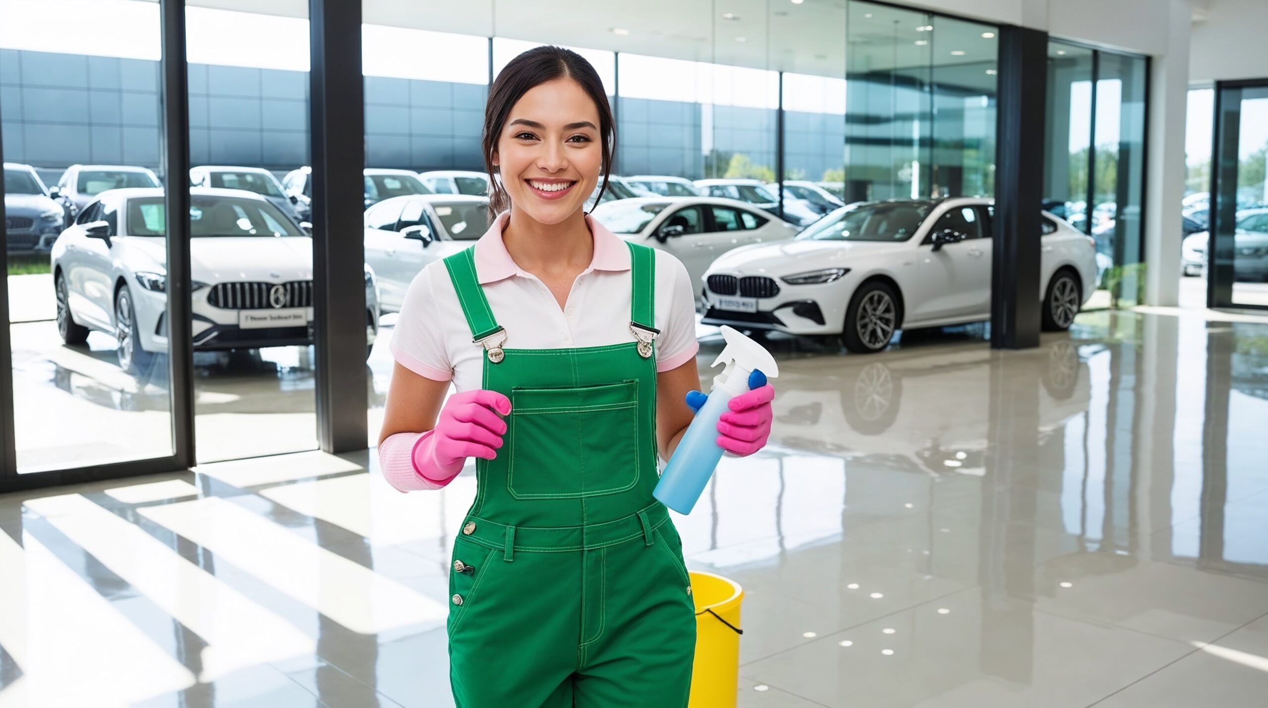 Car Dealership Cleaning Salt Lake City Utah - A smiling female cleaner in a green uniform and pink gloves is holding a spray bottle in a bright and spacious car dealership showroom. Luxury vehicles are displayed in the background on a gleaming polished floor, with large windows allowing natural light to fill the space. The cleaner’s friendly expression and professional attire underscore the dealership’s dedication to cleanliness, creating a welcoming and upscale environment for customers browsing for their next vehicle.