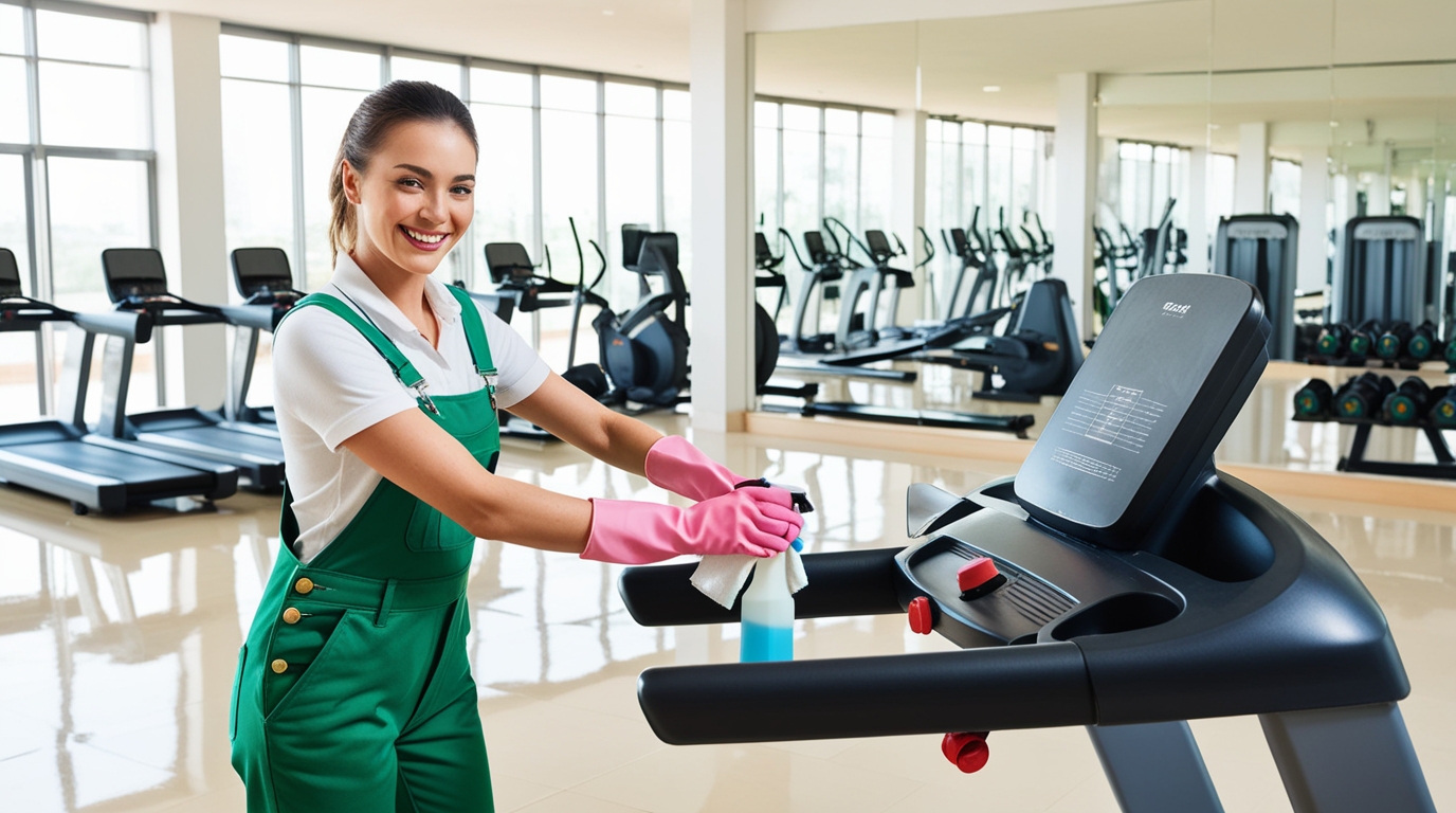 Gym and Fitness Center Cleaning Logan Utah. A dedicated cleaner in green overalls and a white shirt, wearing pink gloves, is sanitizing a treadmill with a blue spray bottle and cloth. The gym features a variety of workout equipment, including treadmills and weights, all set in a well-lit and spacious environment. This attention to cleanliness ensures a safe and inviting space for gym members.