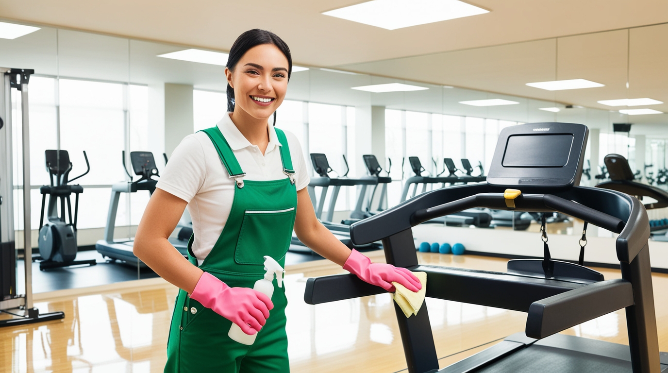 Gym and Fitness Center Cleaning Logan Utah. A professional cleaner wearing green overalls and pink gloves is thoroughly cleaning a treadmill with a spray bottle and cloth. The well-equipped fitness center features treadmills and other workout machines against a backdrop of floor-to-ceiling mirrors, creating a bright, spacious, and sanitized environment for gym-goers.