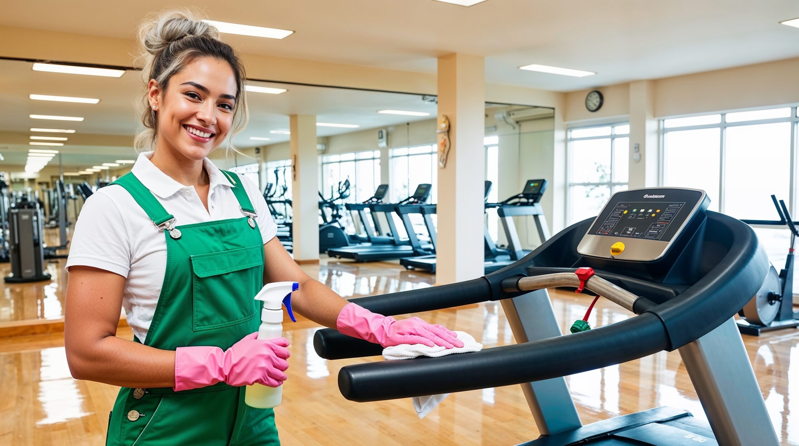 Gym and Fitness Center Cleaning Provo Utah - A smiling cleaner in green overalls and pink gloves wipes down a treadmill with a spray bottle and cloth in a bright, modern gym. The gym features polished wooden floors, large windows letting in natural light, and rows of clean, well-maintained exercise equipment, including treadmills and bikes. The organized and hygienic environment highlights the commitment to cleanliness and customer safety.