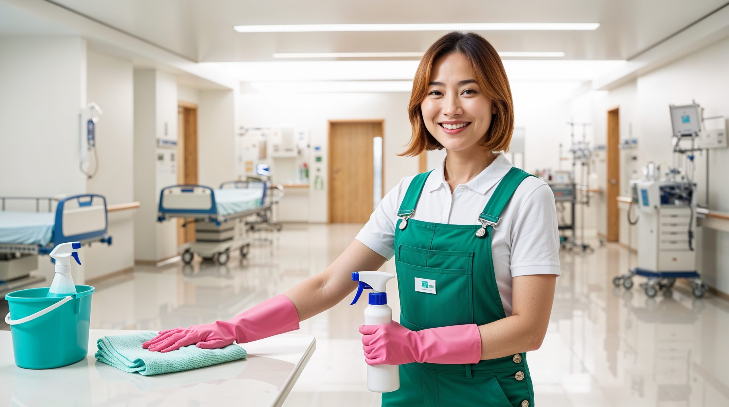 Hospital and Medical Facility Cleaning Provo Utah - A smiling cleaner in green overalls and pink gloves sanitizes a surface with a spray bottle and cloth in a pristine hospital setting. The environment features neatly arranged hospital beds, advanced medical equipment, and polished floors, ensuring a clean and hygienic atmosphere. Bright lighting and an organized layout highlight the facility's commitment to safety and cleanliness.