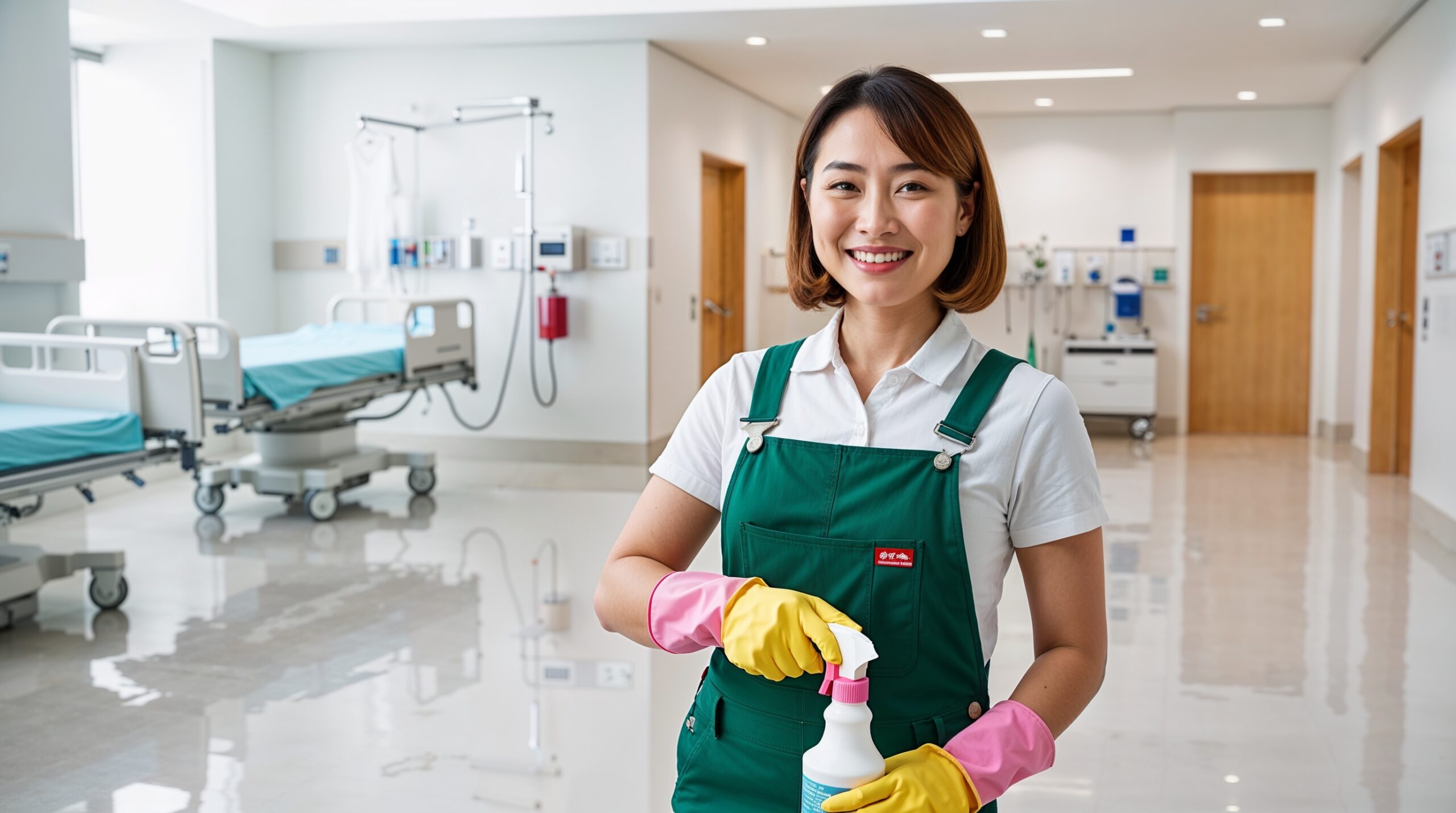 Hospital and Medical Facility Cleaning Provo Utah - A smiling cleaner in green overalls and pink-and-yellow gloves holds a spray bottle while standing in a spotless hospital corridor. The setting includes polished floors, hospital beds with neatly arranged linens, and medical equipment, emphasizing a clean and sanitized environment. Bright lighting and an organized layout underscore the commitment to maintaining a safe and hygienic healthcare facility.