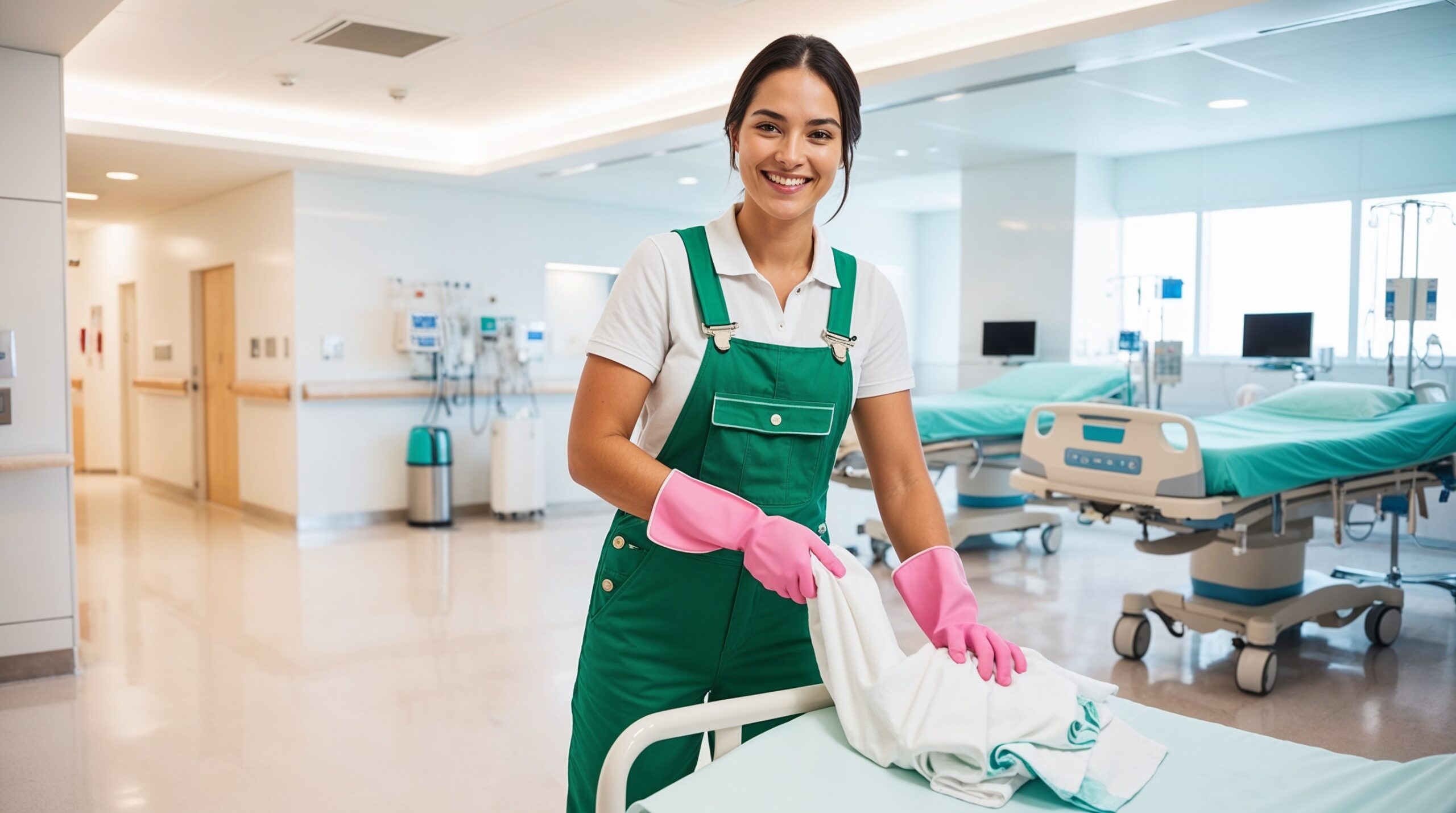 Hospital and Medical Facility Cleaning Salt Lake City Utah – A smiling cleaning professional wearing green overalls and pink gloves tidies a bed in a well-equipped hospital room. The bright, sterile environment features medical monitors, clean beds, and a neatly organized space, emphasizing the importance of cleanliness in healthcare facilities.