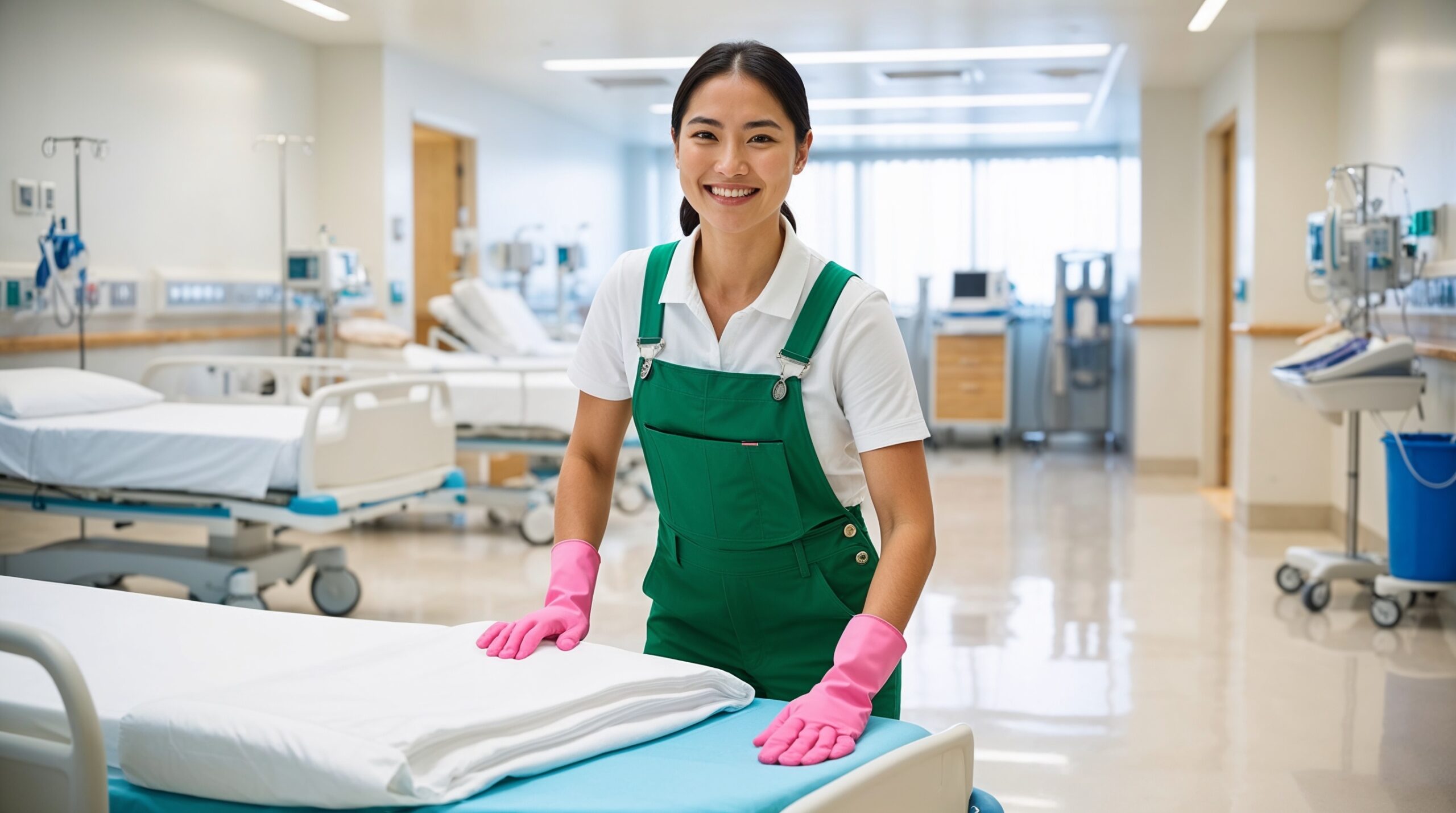 Hospital and Medical Facility Cleaning Salt Lake City Utah – A smiling cleaning professional in green overalls and pink gloves prepares a hospital bed in a bright, clean medical facility. The room is well-organized, with neatly arranged equipment and beds, reflecting a high standard of hygiene essential for healthcare environments.