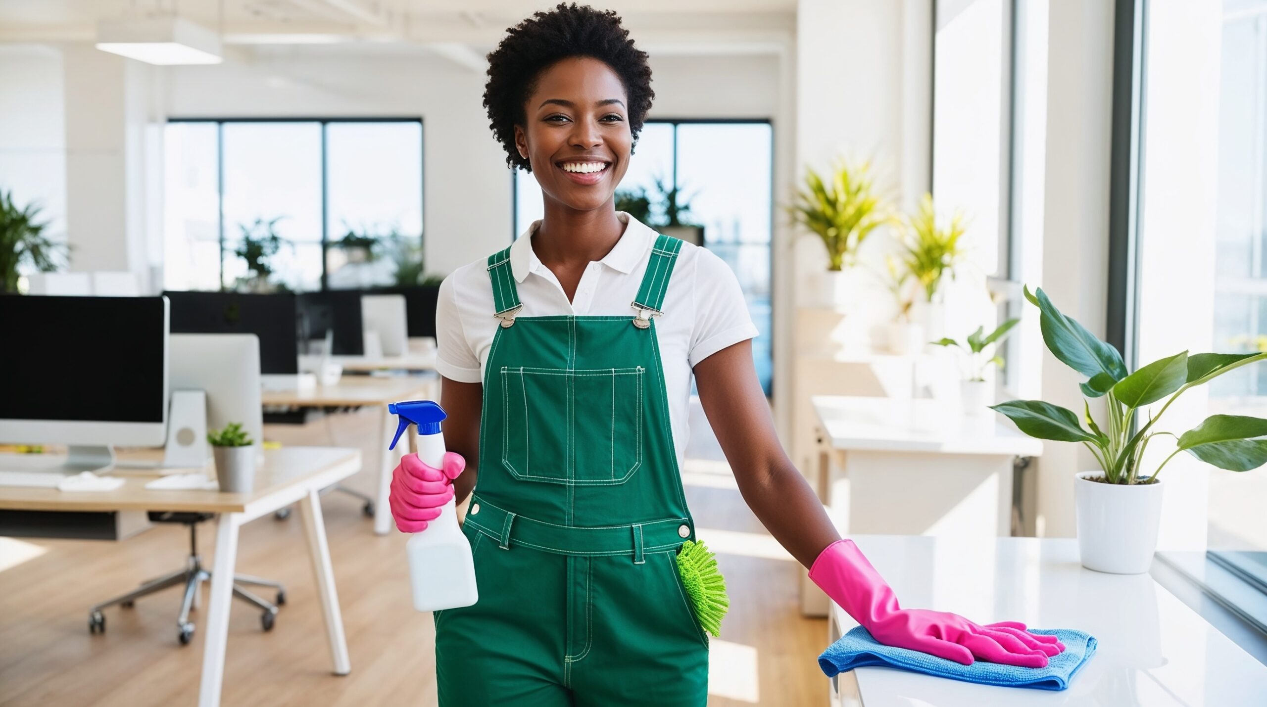 Office Cleaning Salt Lake City Utah - A cheerful female cleaner in a green uniform and pink gloves is holding a spray bottle and cloth in a bright, modern office space. The workspace is filled with natural light, large windows, potted plants, and clean desks equipped with computers. The cleaner’s friendly demeanor and attention to detail highlight the commitment to maintaining a clean and organized environment, enhancing productivity and creating a welcoming atmosphere for employees and visitors alike.