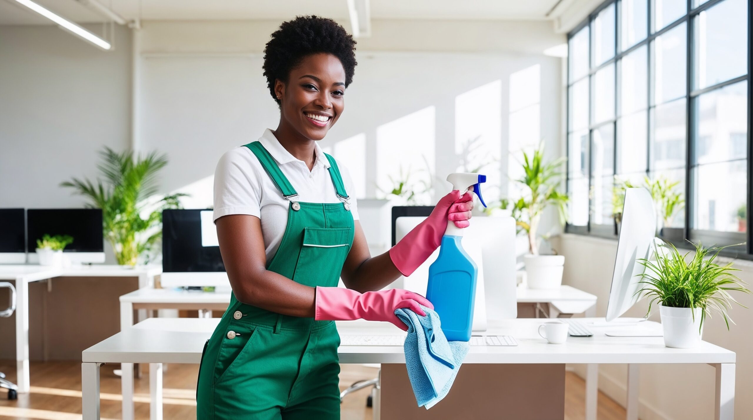 Office Cleaning Salt Lake City Utah - A smiling female cleaner in a green uniform and pink gloves is holding a spray bottle and a cloth in a bright, modern office. The office features large windows that allow ample natural light, white desks, computers, and lush potted plants that enhance the workspace. The cleaner’s cheerful demeanor and professional attire highlight the focus on maintaining a clean, fresh, and inviting environment for employees, promoting productivity and a welcoming atmosphere.