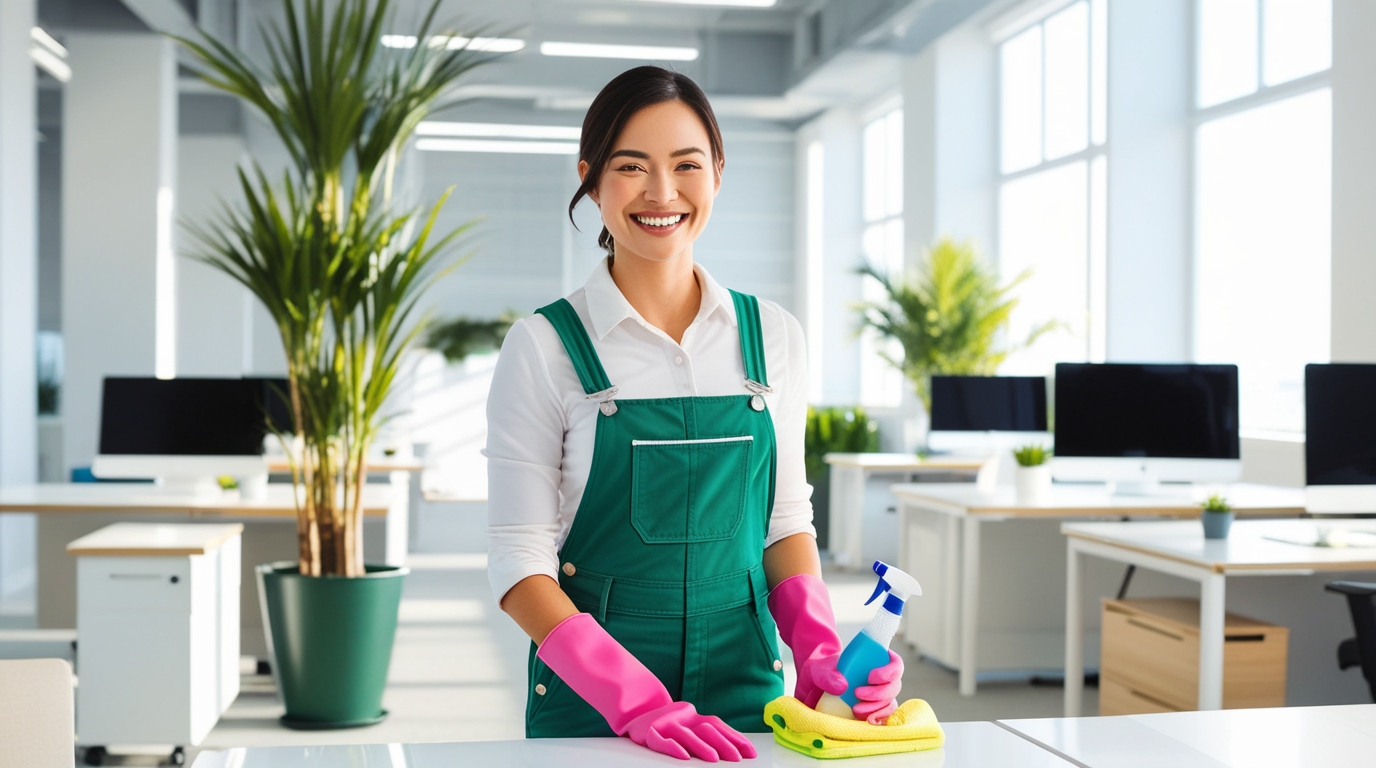 Office Cleaning Logan Utah. A professional cleaner in a green overall and white shirt, wearing pink gloves, is seen smiling in a modern office environment. She holds a spray bottle and a yellow cleaning cloth, standing by a spotless desk. The bright and airy office space is adorned with plants and features clean, organized desks with computer monitors, reflecting a tidy and welcoming workspace.