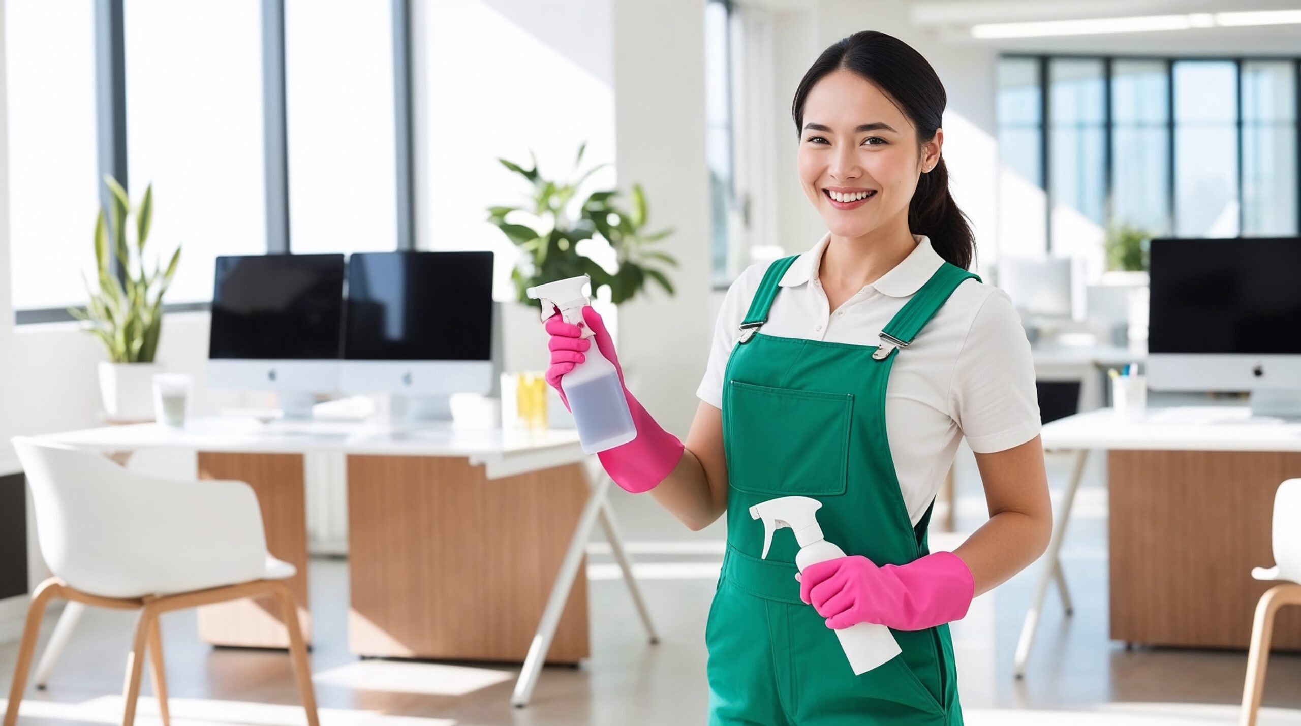 Office Cleaning Park City Utah – A friendly cleaner wearing a green overall, white shirt, and pink cleaning gloves is holding two spray bottles in a bright, modern office space. She smiles warmly, standing near clean, neatly organized desks with computers and indoor plants, embodying a professional and welcoming atmosphere. The spacious office and natural light streaming in enhance the clean, refreshing feel of the environment.