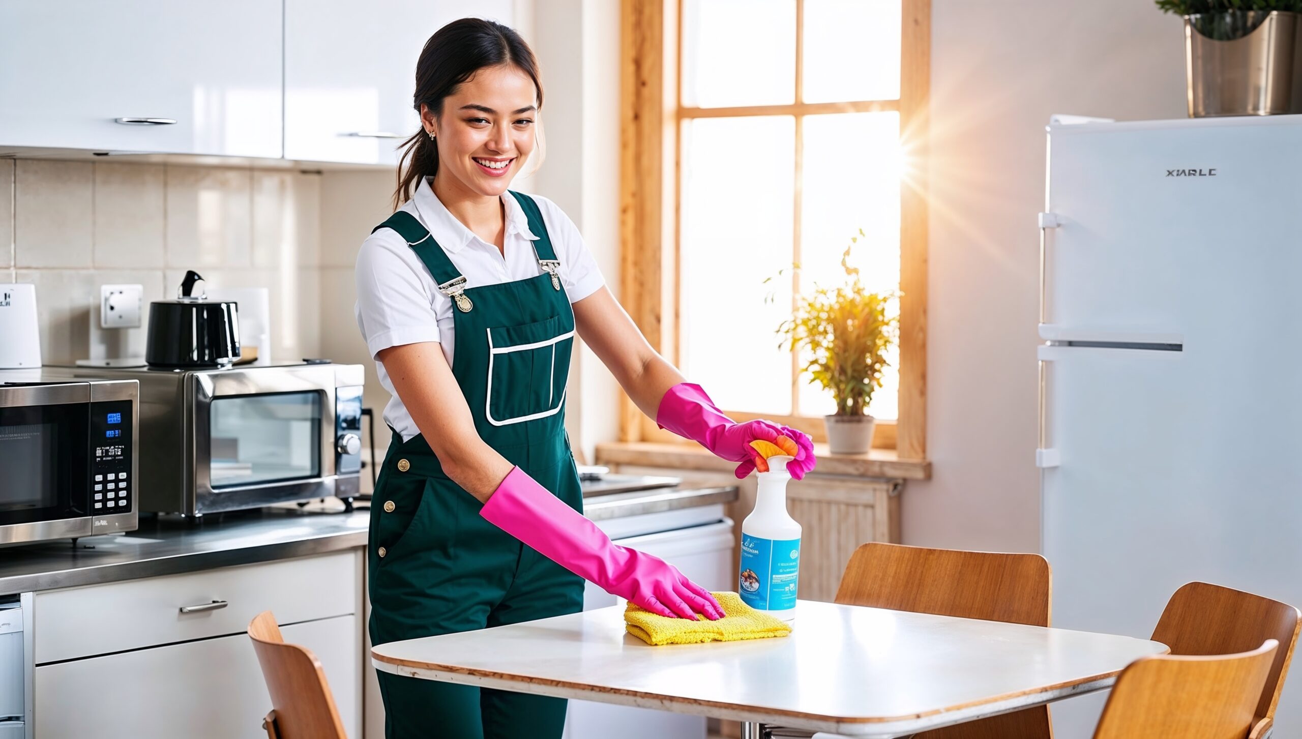 Office Cleaning Park City Utah – A cheerful cleaner is tidying up an office breakroom, wiping down a table with a yellow cloth and spray bottle in hand. She is dressed in a green overall, white shirt, and pink cleaning gloves, working near a window that lets in warm sunlight. The room has a clean and organized appearance with appliances like a microwave and fridge in the background, along with a few potted plants, creating a welcoming and hygienic atmosphere for employees.