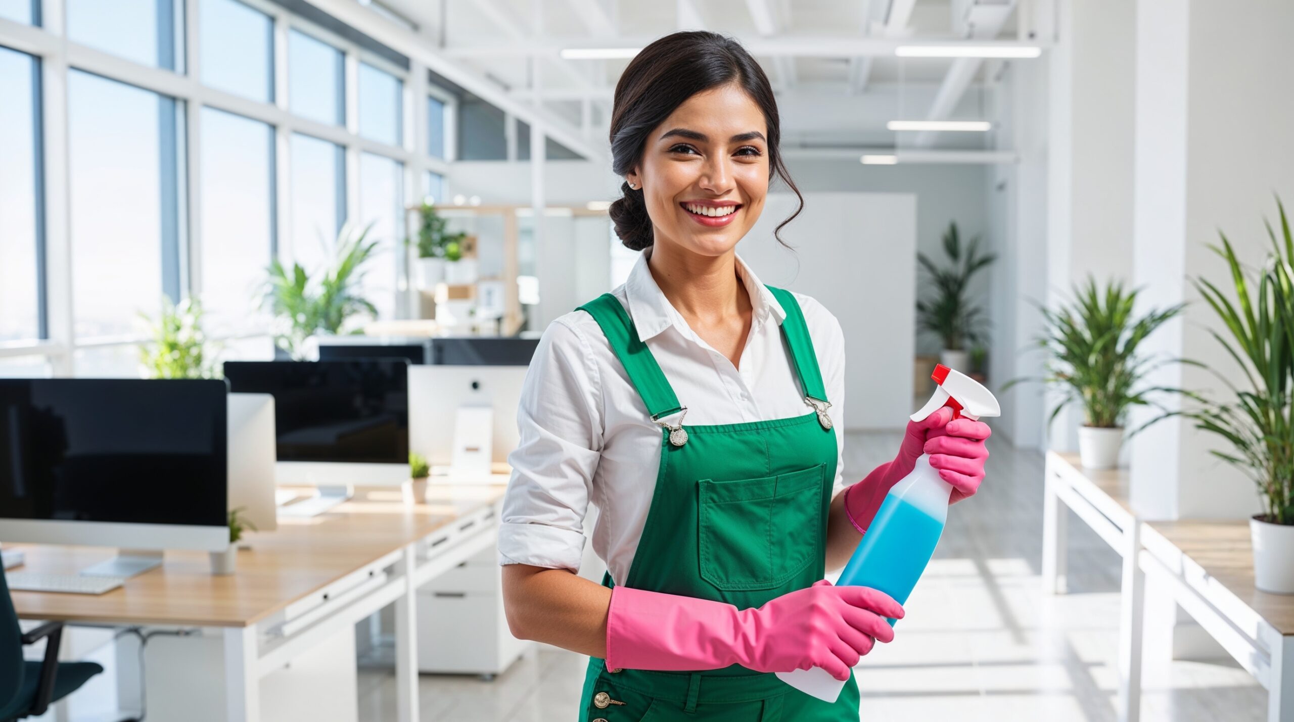 Office Cleaning Provo Utah - A cheerful cleaner in green overalls and pink gloves holds a spray bottle filled with blue cleaning solution in a bright, modern office. The workspace features wooden desks, computer monitors, and vibrant green potted plants, creating a fresh and productive environment. Large windows let in ample natural light, highlighting the clean and organized atmosphere of the office.