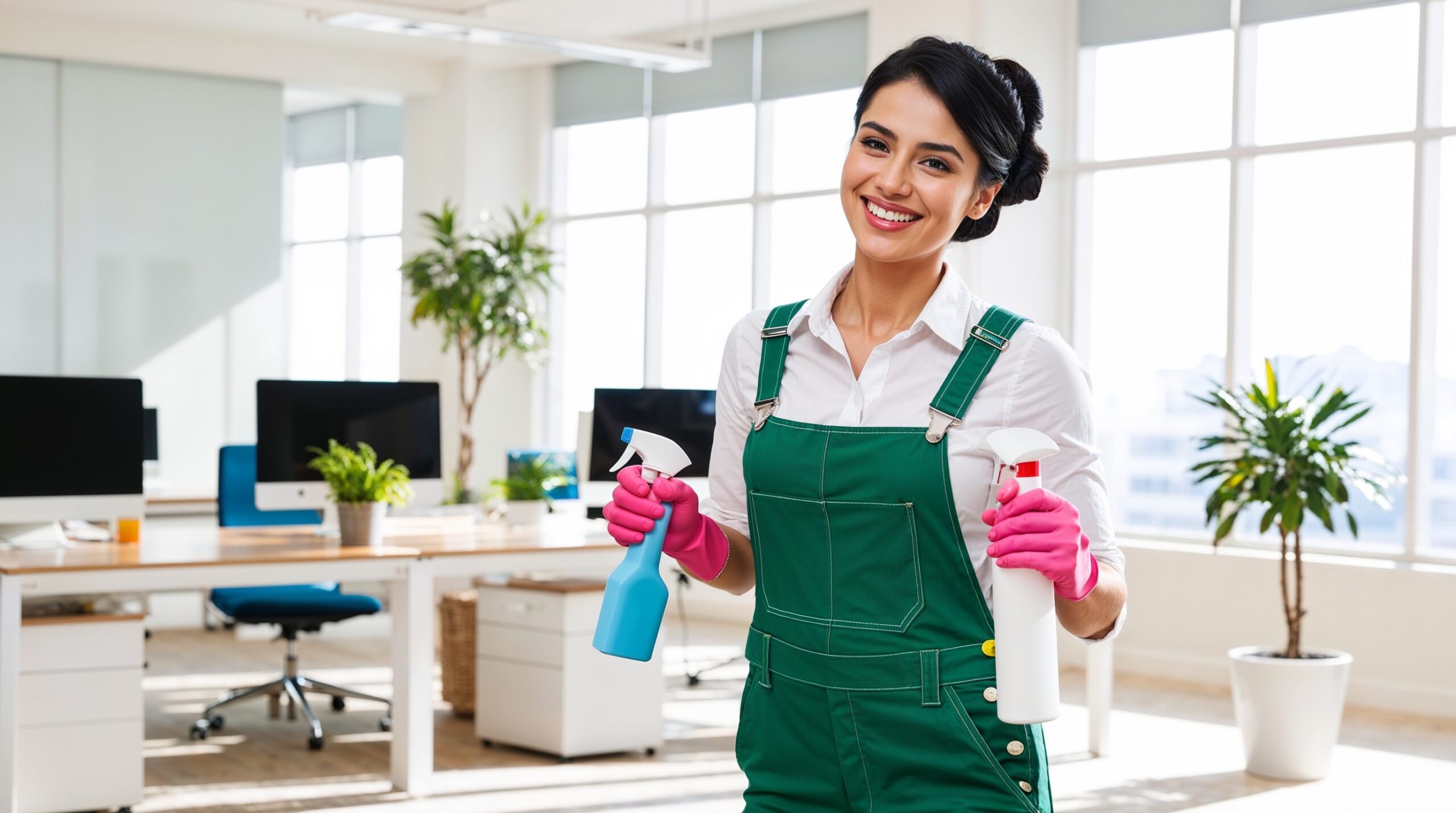 Office Cleaning Provo Utah - A smiling cleaner in green overalls and pink gloves holds two spray bottles while working in a bright, modern office. The workspace features wooden desks, computer monitors, and lush green plants, creating a clean and fresh environment. Large windows let in plenty of natural light, enhancing the professional and organized atmosphere of the office.