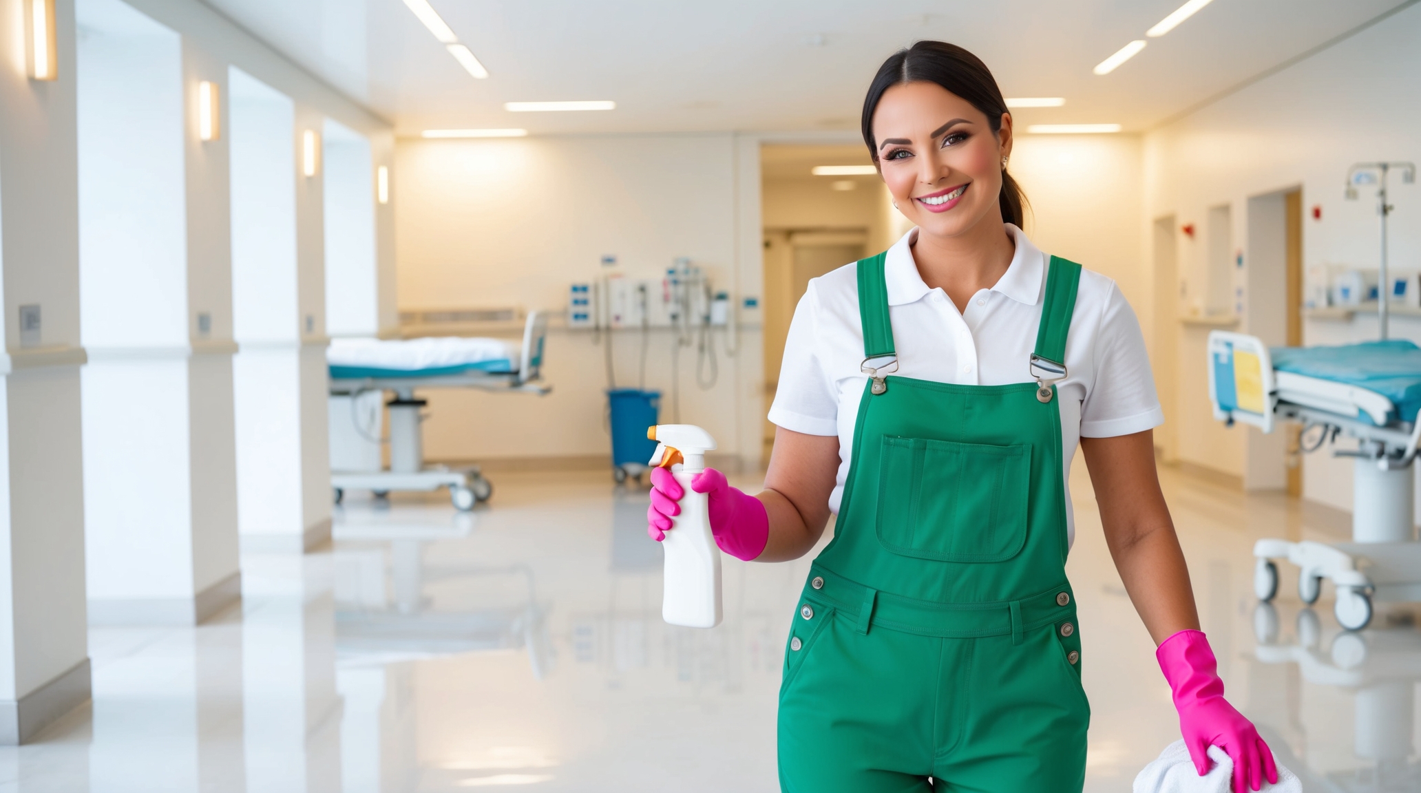 Hospital and Medical Facility Cleaning Logan Utah. A professional cleaner wearing green overalls and pink gloves is shown holding a spray bottle and cleaning cloth in a well-lit hospital corridor. The background includes medical equipment and patient beds, emphasizing a clean and sterile environment crucial for healthcare facilities.