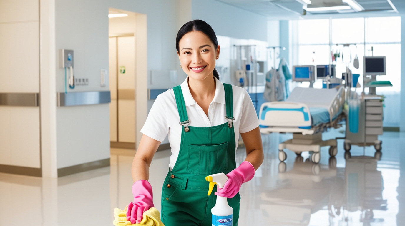 Hospital and Medical Facility Cleaning Logan Utah. A professional cleaner in green overalls and pink gloves holds a spray bottle and cleaning cloth while working in a hospital room. The background shows a well-maintained, sterile environment with medical equipment and a patient bed, emphasizing the importance of hygiene and cleanliness in healthcare settings.