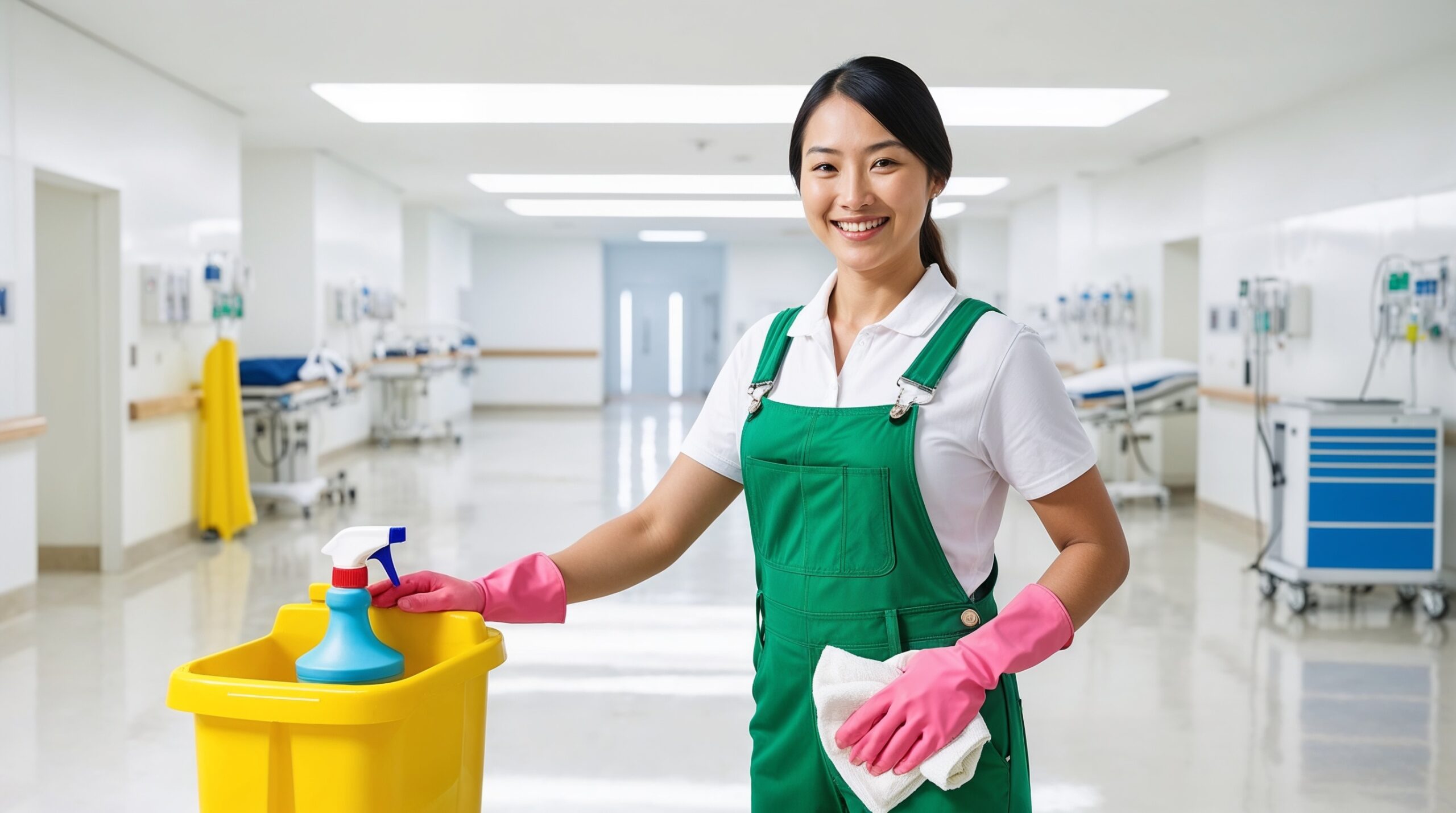 Hospital and Medical Facility Cleaning Park City Utah – A smiling cleaner dressed in a green overall and white shirt with pink gloves is shown in a pristine hospital corridor. She is holding a yellow cleaning cart with a blue spray bottle and a white cloth, exemplifying a high standard of cleanliness and hygiene. The hospital setting in the background, with clean floors and organized equipment, highlights the commitment to maintaining a sterile environment for patient safety.