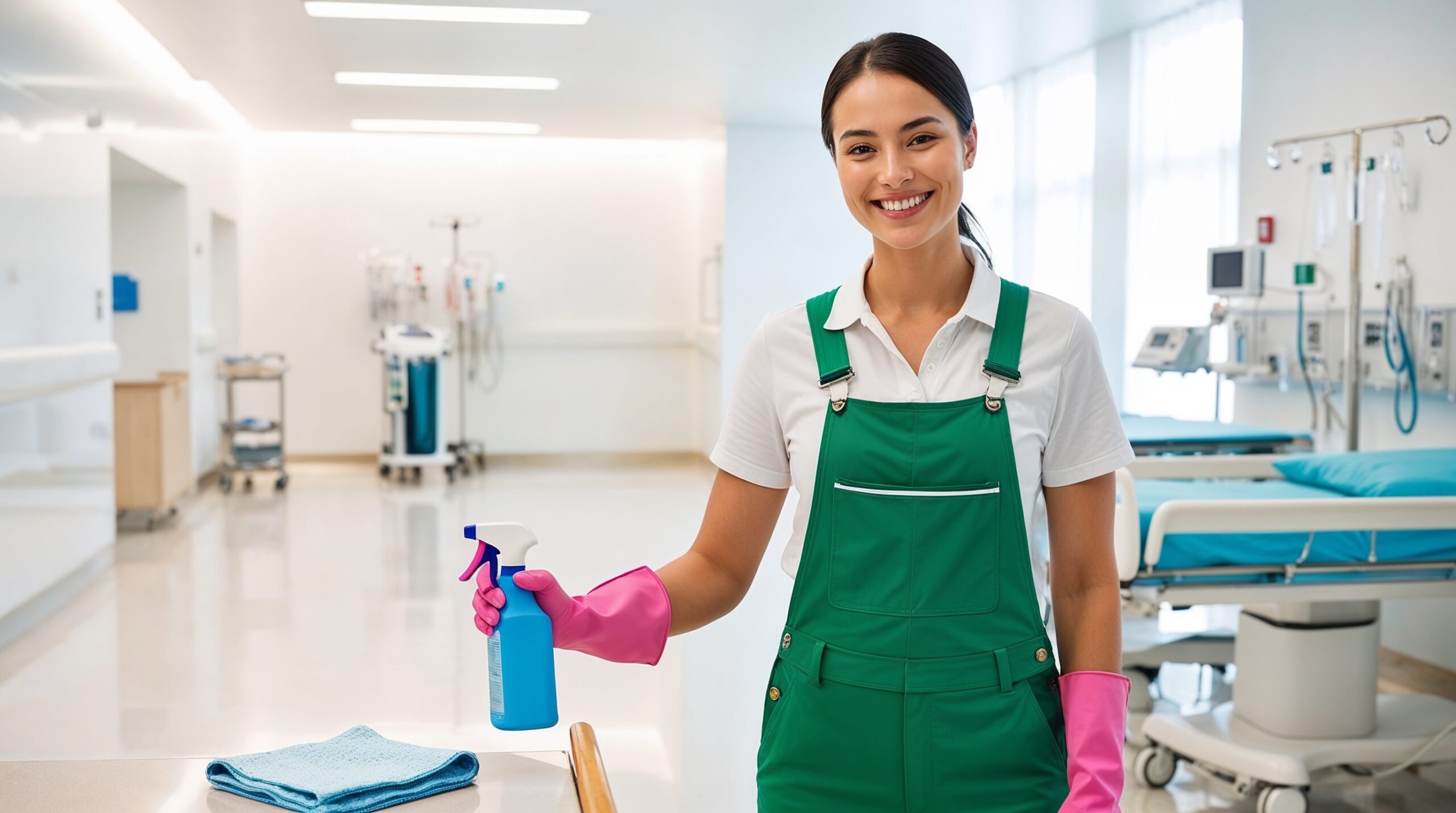 Hospital and Medical Facility Cleaning Park City Utah – A smiling cleaner in a green overall, white shirt, and pink gloves holds a blue spray bottle, standing in a spotless hospital room. The clean environment, with neatly arranged medical equipment and beds in the background, reflects a high standard of hygiene and dedication to maintaining a safe and sterile space for patients. The presence of cleaning tools on the countertop underscores the attention to detail in this professional setting.