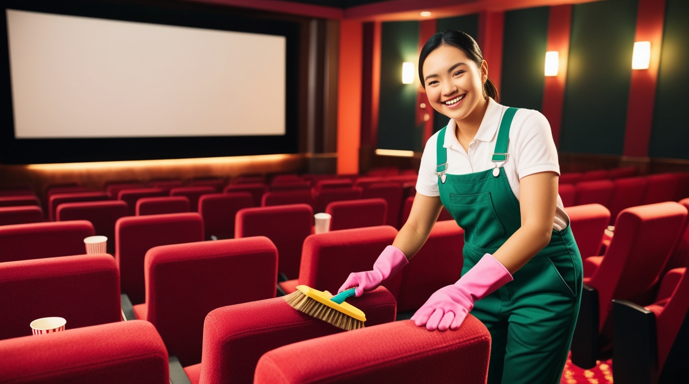 Movie Theater Cleaning Park City Utah – A smiling professional cleaner is shown tidying up a movie theater, dressed in a green overall, white shirt, and pink cleaning gloves. She is holding a cleaning brush, carefully brushing the back of a red theater seat. The theater's ambient lighting and empty rows of plush red seats highlight the commitment to cleanliness and a comfortable viewing experience.