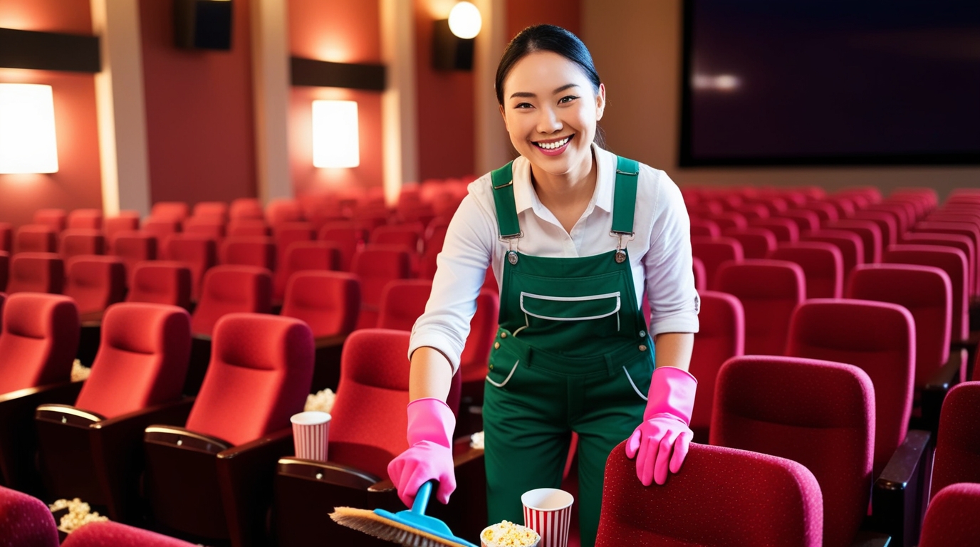 Movie Theater Cleaning Park City Utah – A cheerful professional cleaner, dressed in a green overall, white shirt, and pink cleaning gloves, is shown tidying up a movie theater. She is holding a cleaning brush and sweeping popcorn left on the theater seats, ensuring a pristine and welcoming environment. The theater's rows of red seats and soft lighting create a cozy, inviting atmosphere, highlighting the attention to cleanliness and detail.