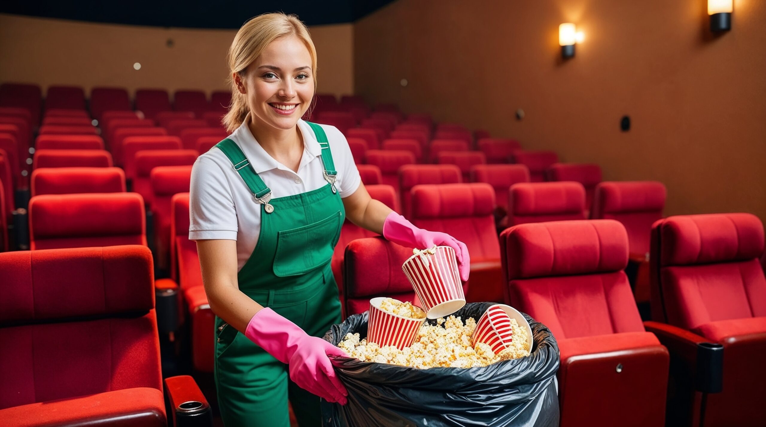 Movie Theater Cleaning Salt Lake City Utah – A smiling cleaner in a green overall, white shirt, and pink cleaning gloves is tidying up a movie theater by collecting empty popcorn buckets. She holds several popcorn buckets filled with popcorn in a large trash bag, standing between rows of red, cushioned theater seats. The dimly lit setting and clean, orderly seating highlight the cleaner's role in maintaining a welcoming environment for moviegoers, readying the space for the next audience.