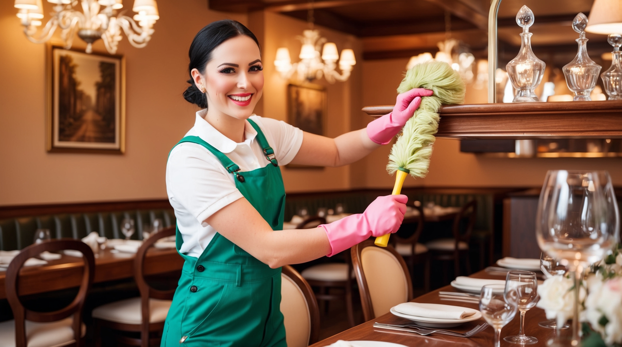 Restaurant Cleaning Logan Utah. A smiling cleaner in green overalls and pink gloves dusts a wooden shelf with a soft, green duster in an elegant restaurant setting. The warmly lit room features beautifully set tables with wine glasses and folded napkins, adding a touch of sophistication. The cleaner’s attention to detail highlights the dedication to maintaining a pristine and welcoming dining environment.