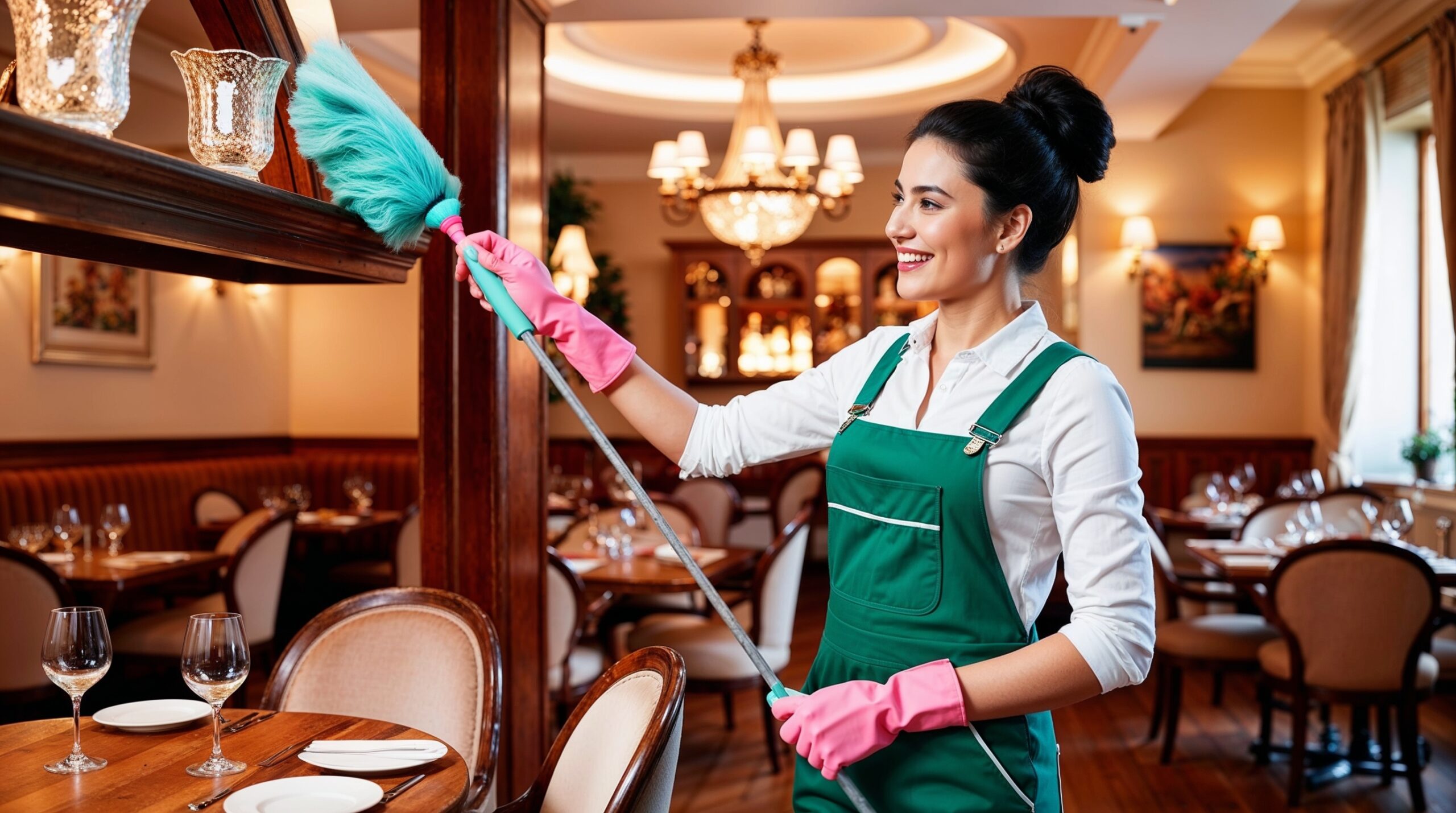 Restaurant Cleaning Provo Utah - A smiling cleaner in green overalls and pink gloves uses a duster to clean high surfaces in an elegant restaurant. The setting features polished wooden furniture, neatly set tables with glassware, and warm lighting from chandeliers, creating a sophisticated dining ambiance. The clean and inviting environment highlights attention to detail and professionalism in maintaining the restaurant's appearance.