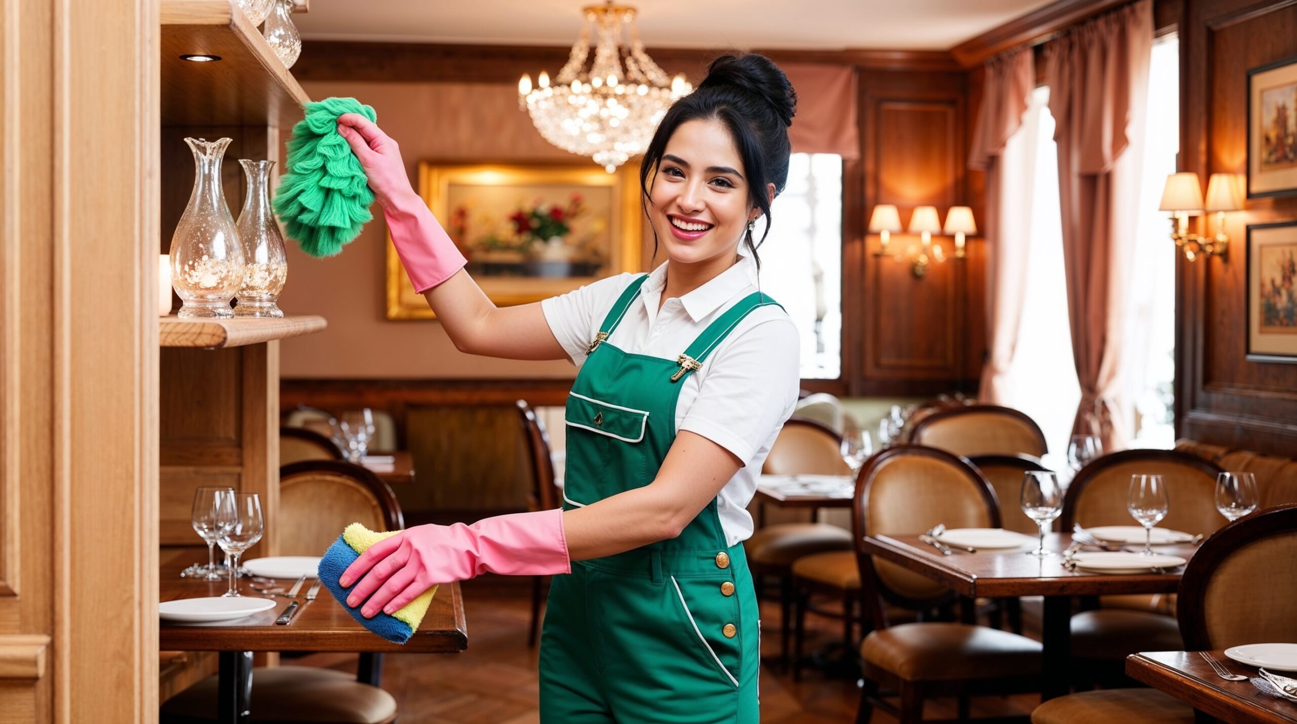 Restaurant Cleaning Provo Utah - A cheerful cleaner in green overalls and pink gloves wipes down glass decor and shelves in an elegant restaurant. The space features beautifully set tables, warm wooden furnishings, a sparkling chandelier, and softly lit wall sconces, creating a welcoming and upscale dining atmosphere. The clean and polished environment reflects meticulous attention to detail and professionalism.