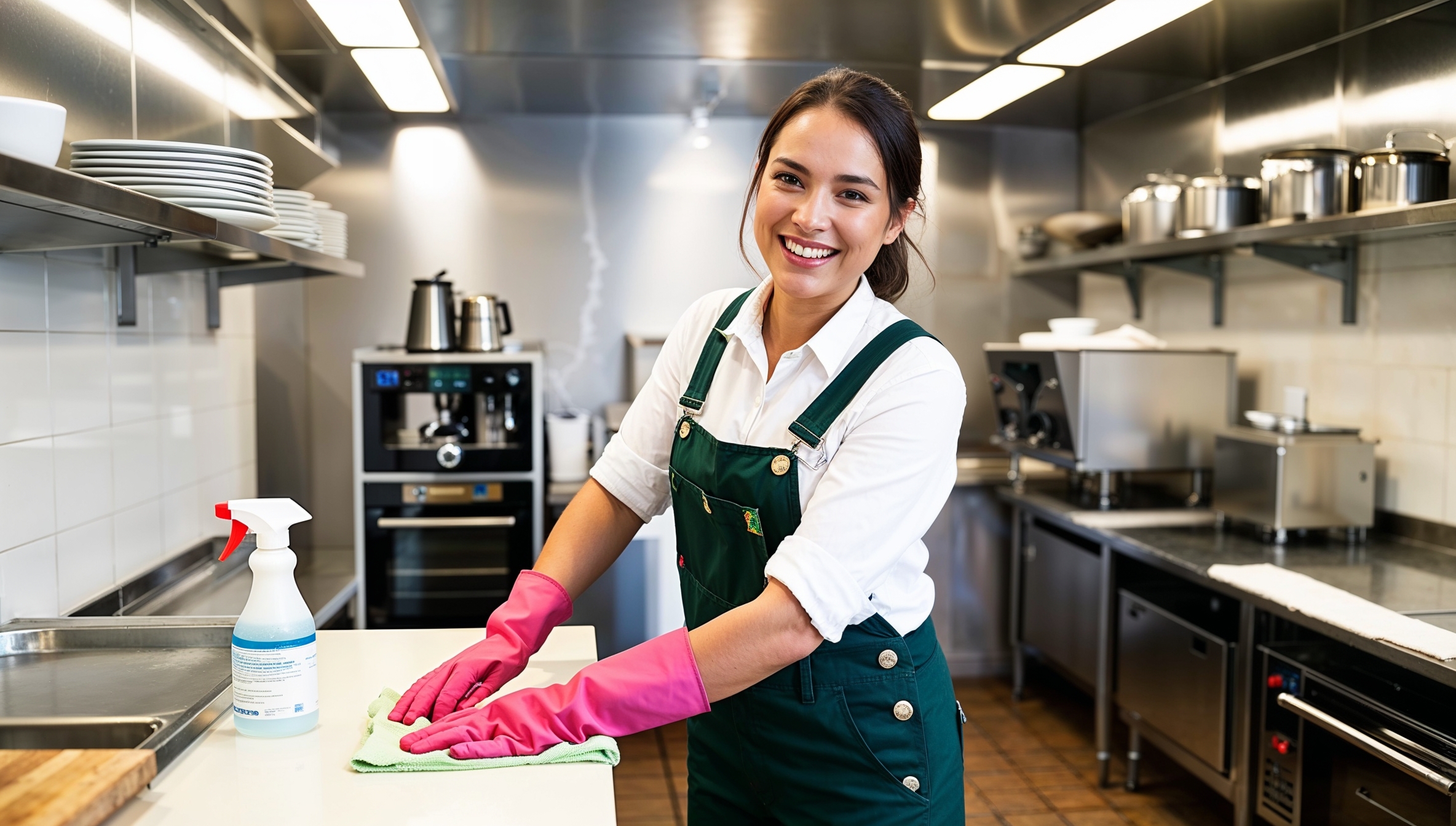 Restaurant Cleaning Salt Lake City Utah - A cheerful cleaner wearing dark green overalls with a white shirt and pink cleaning gloves, smiling as she cleans a small café kitchen. The space is equipped with a coffee maker, ovens, and preparation counters. The cleaner uses a spray bottle and cloth to thoroughly wipe down a counter, focusing on hygiene and safety. Bright overhead lights reflect off the tidy surfaces and well-organized kitchen tools.