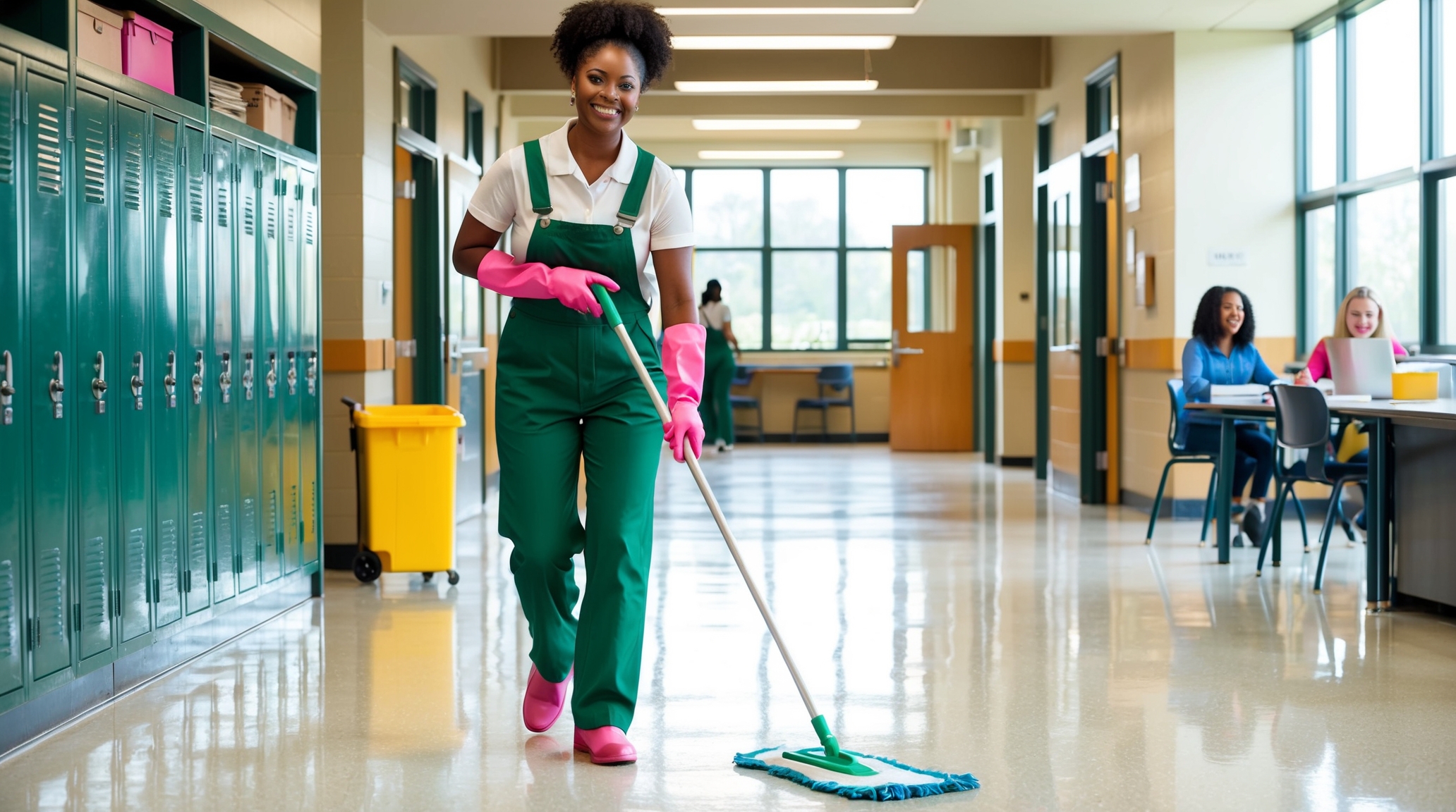 School and Campus Cleaning Logan Utah. A dedicated cleaner in green overalls and pink gloves is mopping the floor in a bright school hallway lined with green lockers. In the background, two students are seated, working on a laptop, highlighting a clean and welcoming environment for learning.