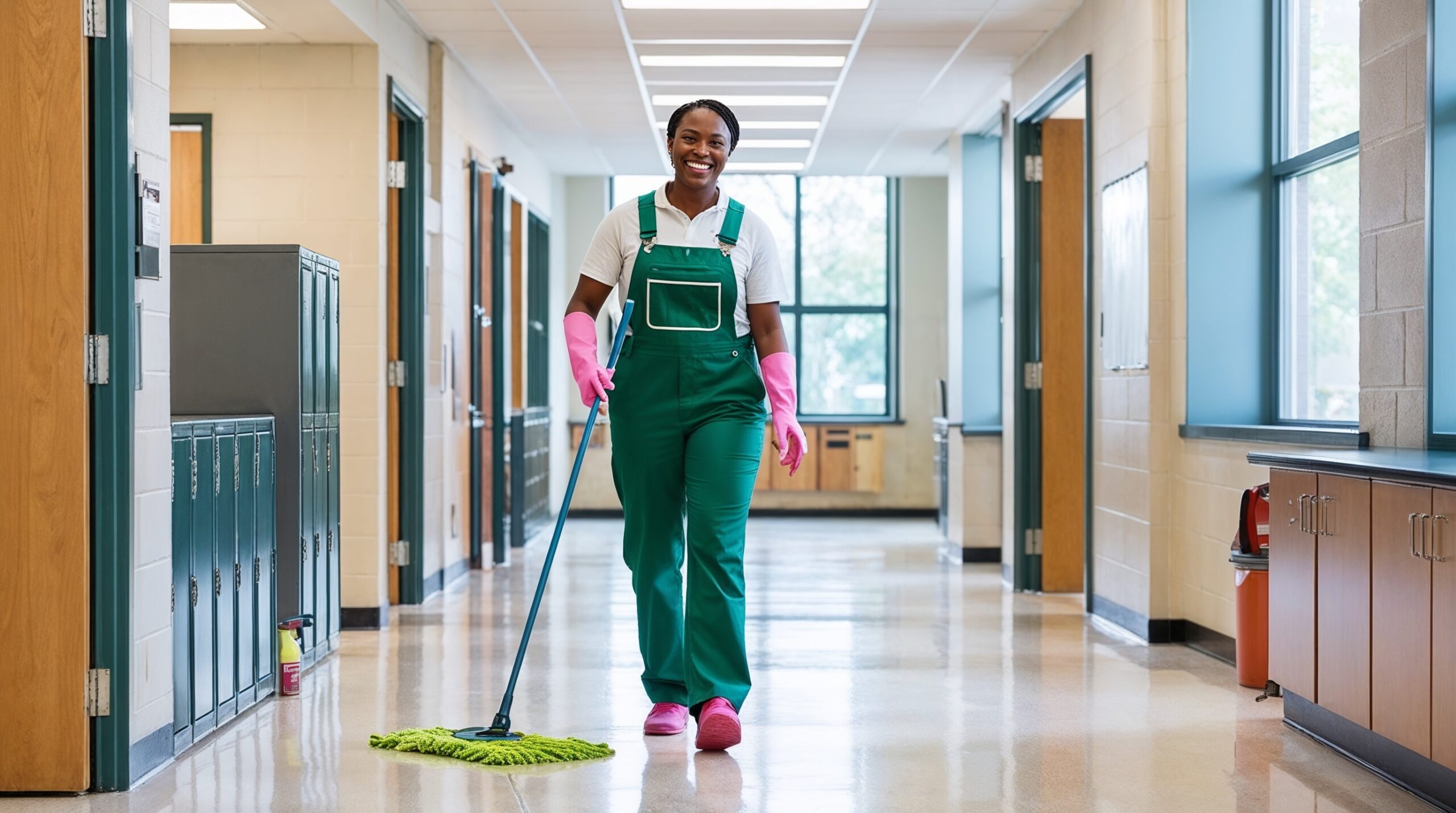 School and Campus Cleaning Park City Utah – A smiling cleaner in a green overall, white shirt, and pink gloves uses a mop in a bright and well-maintained school hallway. The clean, polished floor and organized lockers on the side emphasize the high standard of cleanliness maintained within the school environment. The cleaner's cheerful demeanor highlights a positive approach to maintaining a safe and hygienic campus for students and staff.