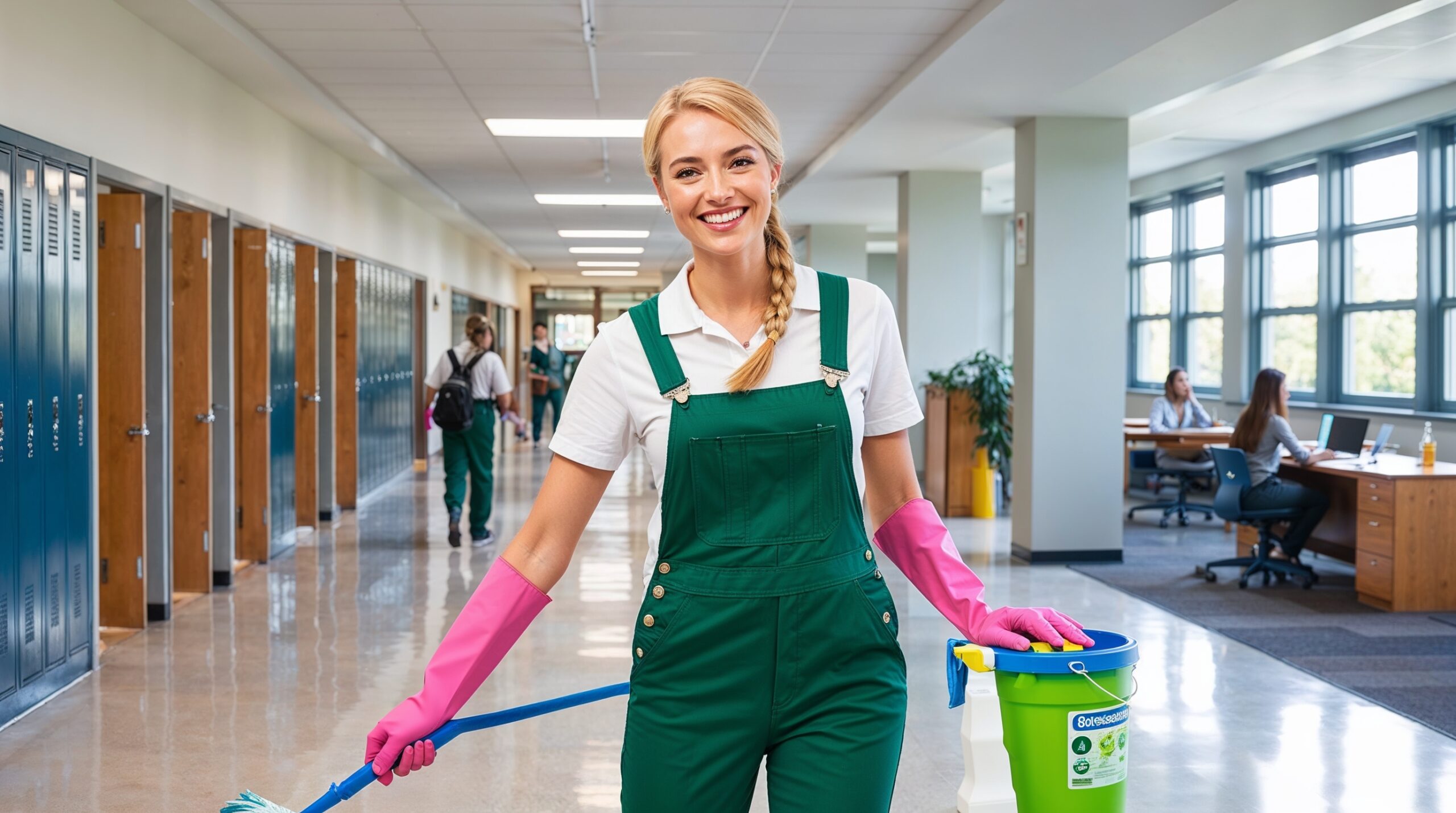 School and Campus Cleaning Provo Utah - A cheerful cleaner in green overalls and pink gloves holds a mop and a cleaning bucket while working in a bright and tidy school hallway. The polished floors reflect the clean environment, with blue lockers lining one side and students working in a study area on the other. The organized and well-lit setting emphasizes a commitment to maintaining a healthy and clean campus for students and staff.