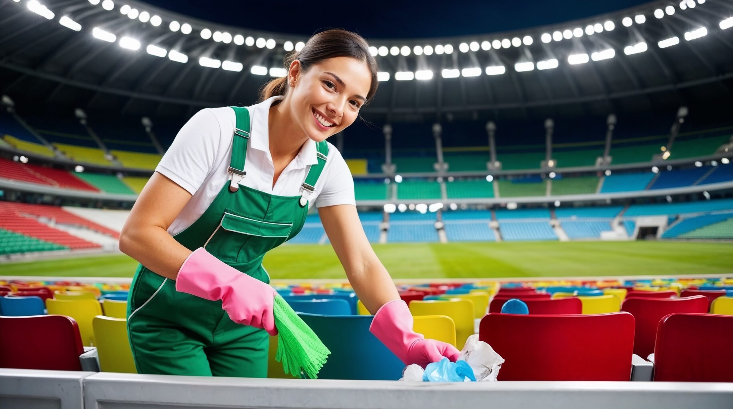 Stadium and Venue Cleaning Park City Utah – A friendly cleaner dressed in a green overall with a white shirt and pink cleaning gloves is picking up trash in a brightly colored stadium. She holds a small green broom, maintaining the seating area for a clean and enjoyable environment for upcoming events. The background features an expansive view of the empty stadium seats and field, highlighting the importance of cleanliness and readiness in large venues.