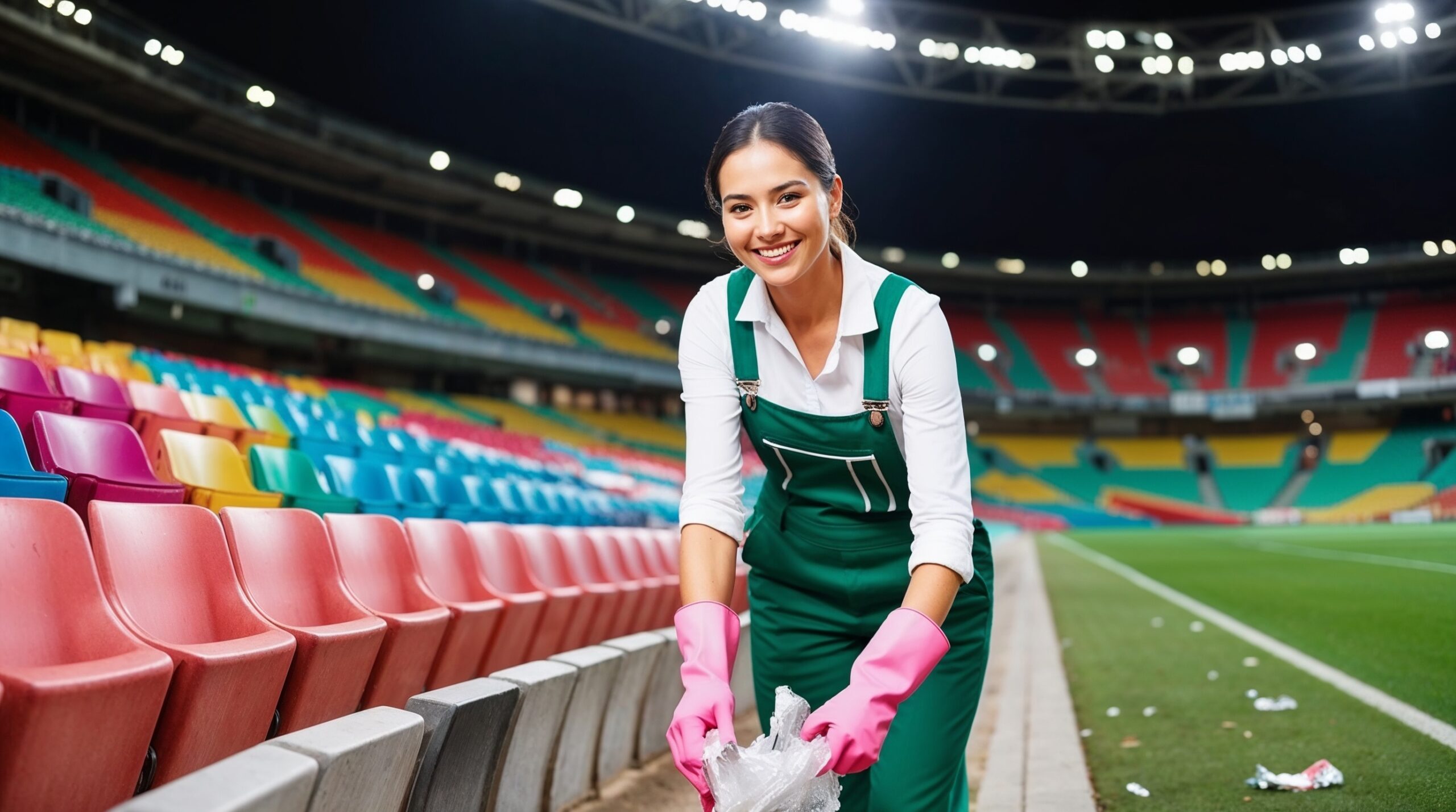 Stadium and Venue Cleaning Park City Utah – A dedicated cleaner, dressed in a green overall with a white shirt and pink cleaning gloves, is smiling as she picks up trash in an empty, vibrant stadium. She carefully gathers debris along the seats, maintaining a clean environment for future spectators. The brightly colored seating and the illuminated stadium ambiance highlight the thoroughness and importance of venue cleanliness.