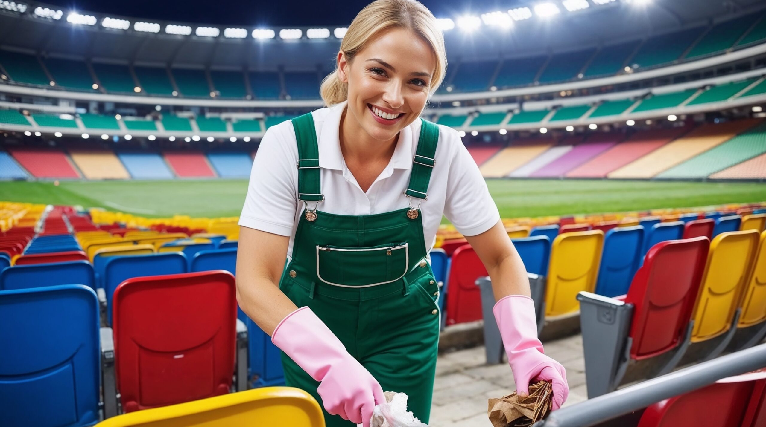 Stadium and Venue Cleaning Salt Lake City Utah – A smiling cleaner in green overalls and a white shirt, wearing pink cleaning gloves, is picking up trash in a colorful stadium. She is leaning over the stadium seating area, holding crumpled paper, with rows of bright blue, red, yellow, and orange seats around her. The field and stadium lights in the background enhance the vibrant atmosphere, showcasing a well-maintained venue.