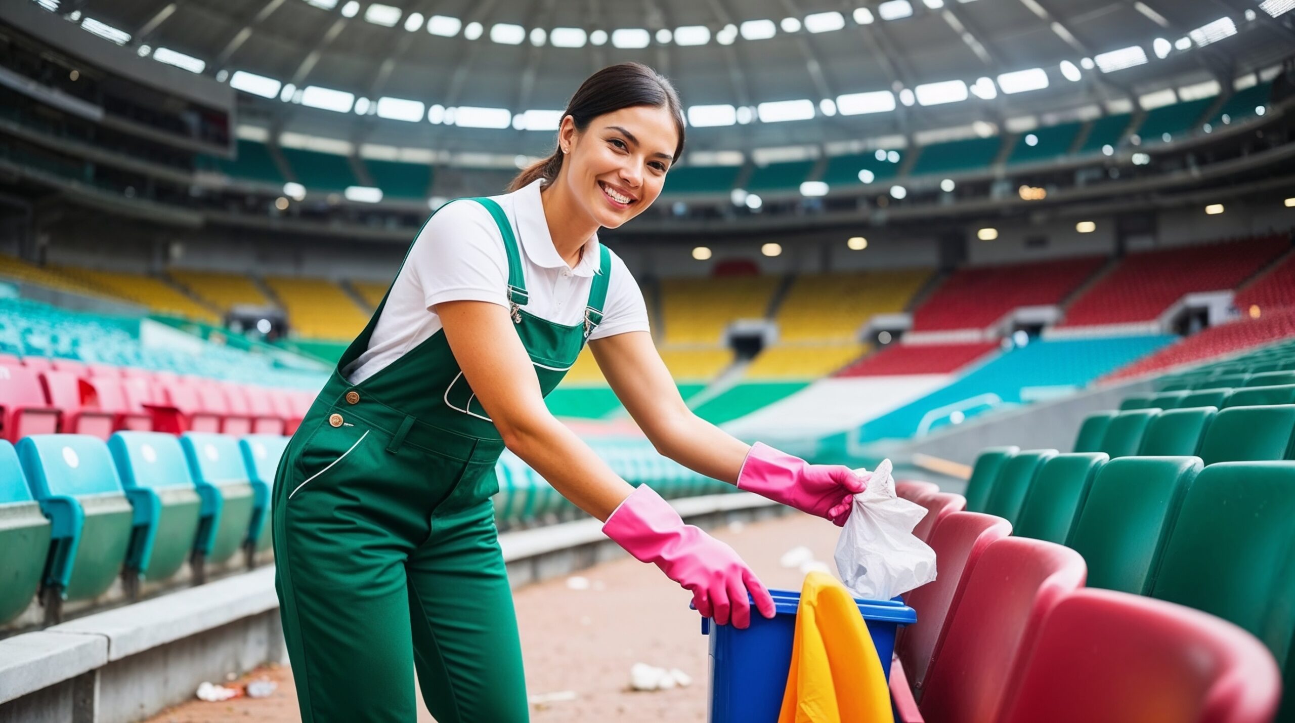 Stadium and Venue Cleaning Salt Lake City Utah – A smiling cleaner wearing a green overall, white shirt, and pink cleaning gloves is tidying up a stadium by collecting trash. She is placing litter into a blue trash bin amidst colorful seating rows in an open, spacious stadium. The environment highlights the large seating area and the cleaner’s attention to maintaining a clean and welcoming venue for spectators. The stadium roof and seating colors add vibrancy to the scene, emphasizing the scale and importance of venue cleanliness.