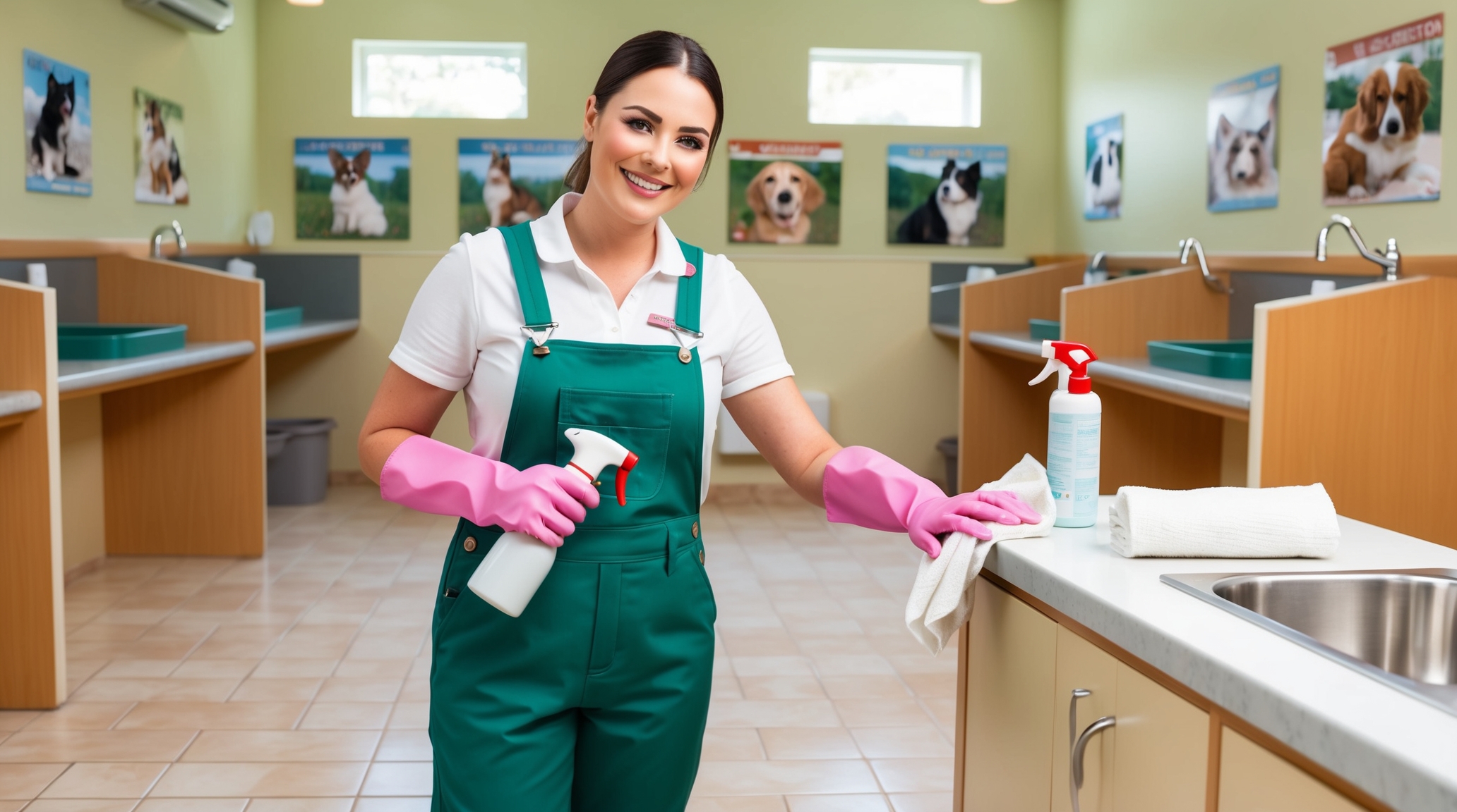 Veterinary Clinic Cleaning Logan Utah. A friendly cleaner in green overalls and pink gloves holds a spray bottle and cloth while wiping down a countertop in a brightly lit veterinary clinic. The walls are adorned with animal posters, and individual pet bathing stations are neatly arranged, showcasing the cleanliness and care provided for a safe and welcoming environment.