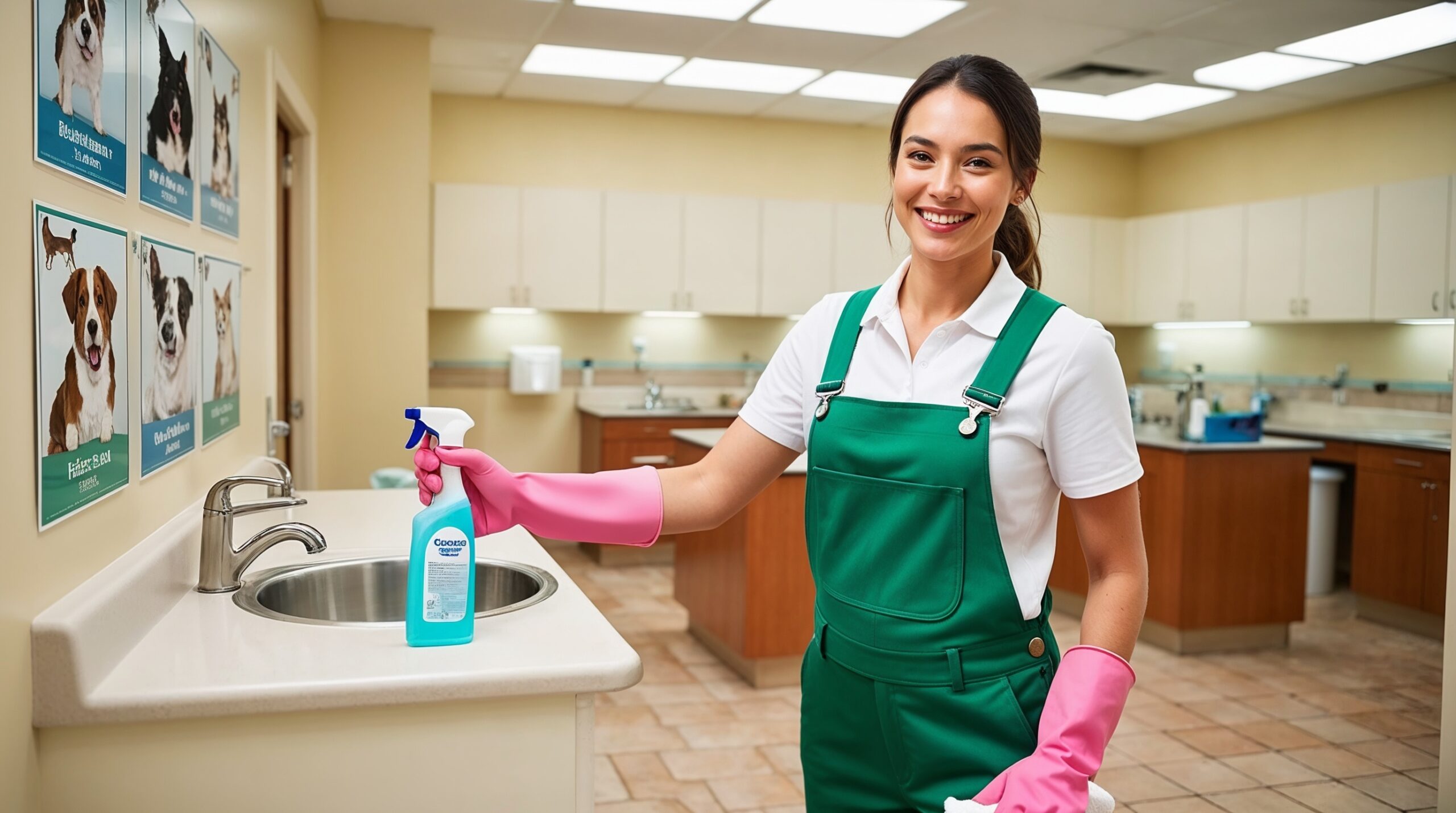 Veterinary Clinic Cleaning Park City Utah – A cheerful cleaner in green overalls and a white shirt, wearing pink cleaning gloves, is holding a spray bottle beside a sink in a well-maintained veterinary clinic. The background features clean countertops and animal posters on the wall, creating a friendly and sanitary environment for pet care. The cleaner’s smile reflects professionalism and dedication to maintaining a safe and hygienic space for both animals and staff.