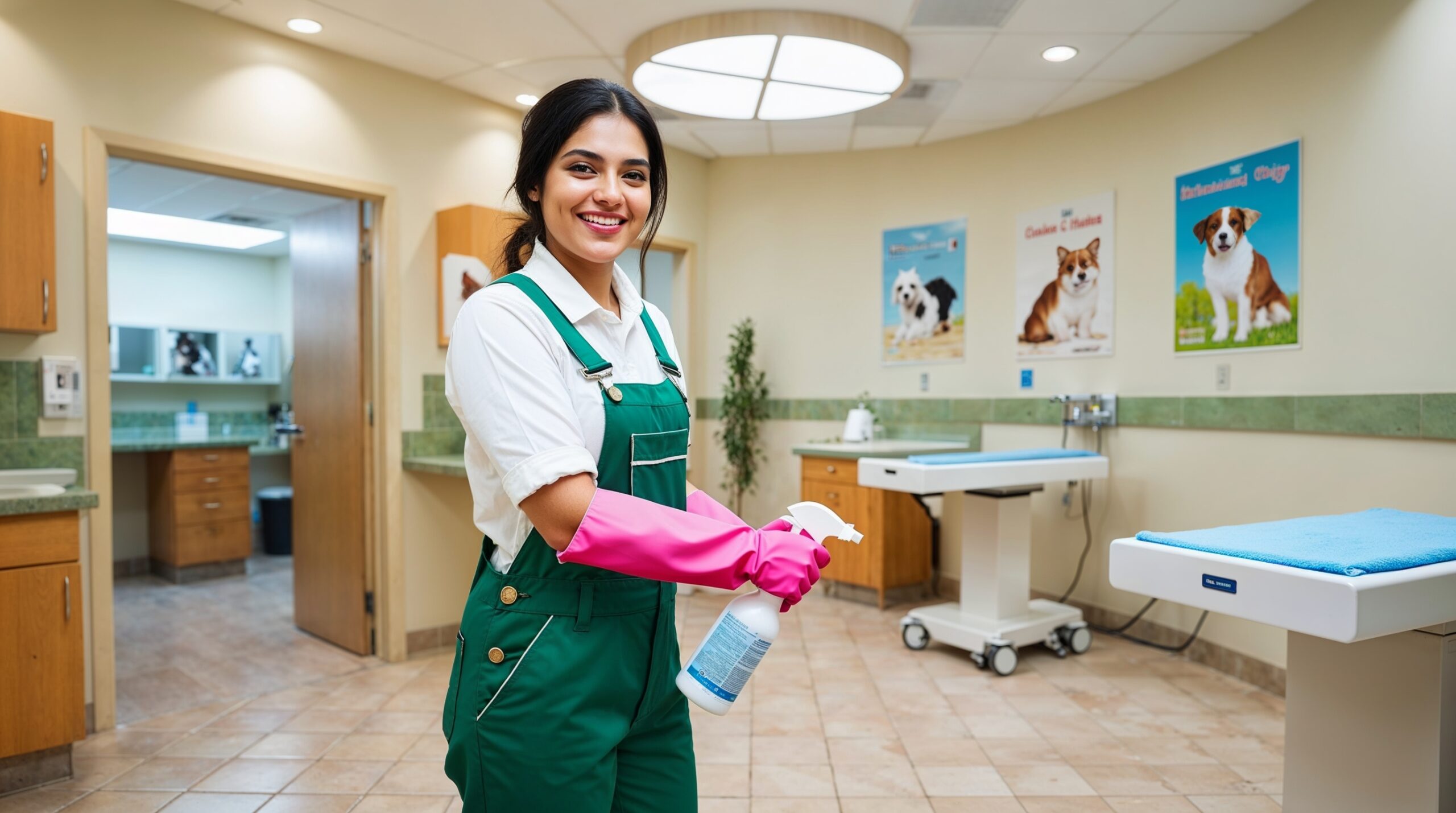 Veterinary Clinic Cleaning Provo Utah - A smiling cleaner in green overalls and pink gloves holds a spray bottle while working in a bright and clean veterinary clinic. The room features tiled floors, examination tables with blue covers, and posters of dogs on the walls. Cabinets and counters are neatly organized, reflecting a hygienic and welcoming environment for pets and their owners.