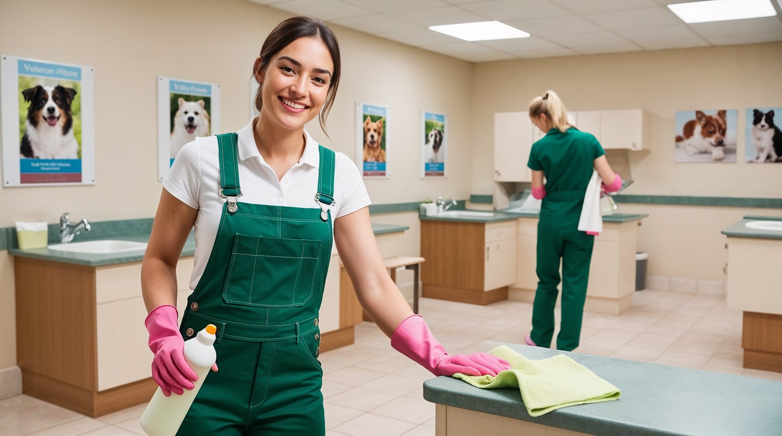 Veterinary Clinic Cleaning Salt Lake City Utah – A friendly cleaning professional in green overalls and pink gloves is disinfecting surfaces in a veterinary clinic, holding a cleaning bottle and cloth. The clean and organized space includes posters of happy pets on the walls, highlighting a sanitary environment essential for animal care.