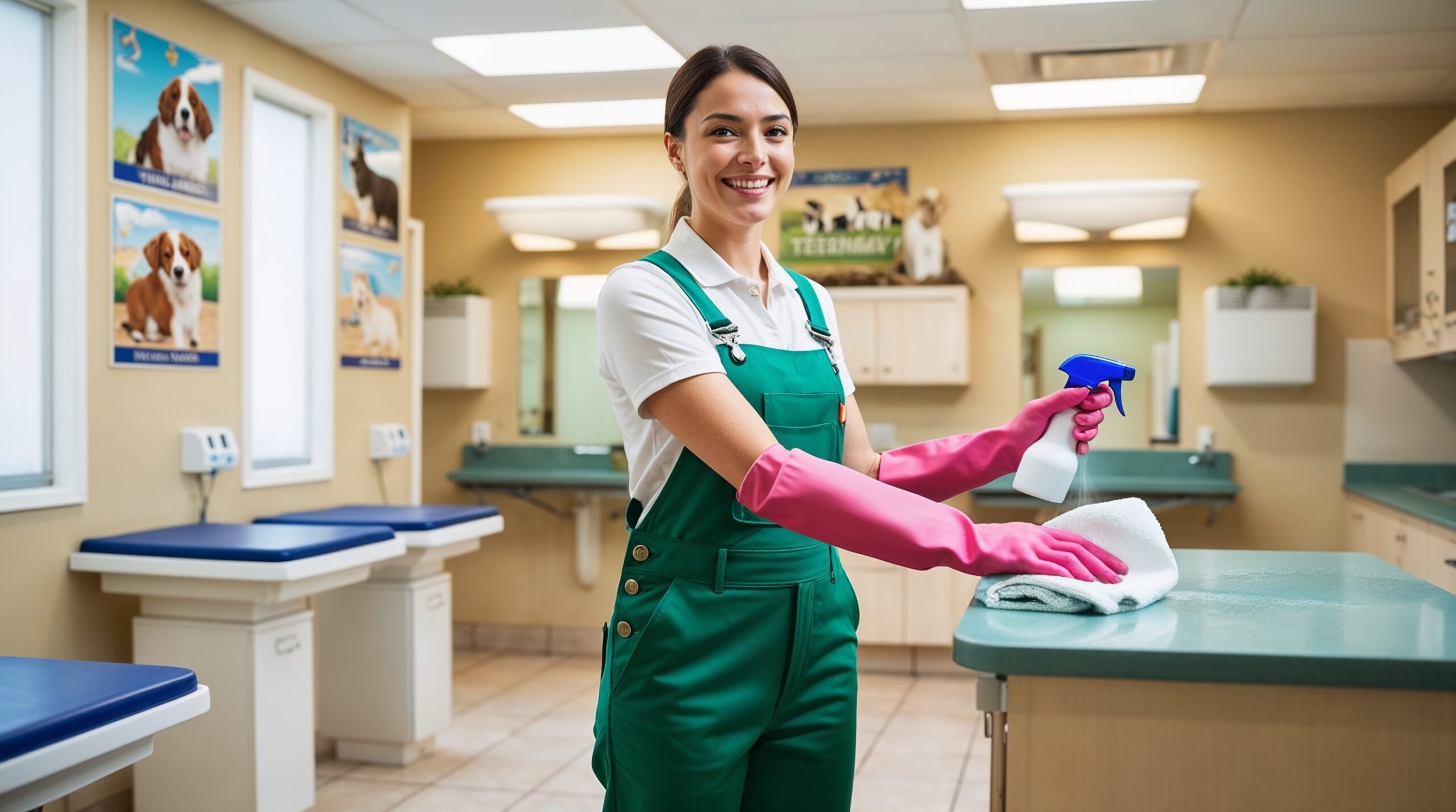 Veterinary Clinic Cleaning Salt Lake City Utah – A smiling cleaner in a green overall and white shirt with pink cleaning gloves is disinfecting a countertop in a veterinary clinic. She holds a spray bottle in one hand and a cleaning cloth in the other, diligently wiping the surface. The clinic has a clean, organized appearance with examination tables lined up along the wall, animal posters displayed, and soft lighting that adds warmth to the professional environment. The setting emphasizes cleanliness and hygiene essential for animal care.