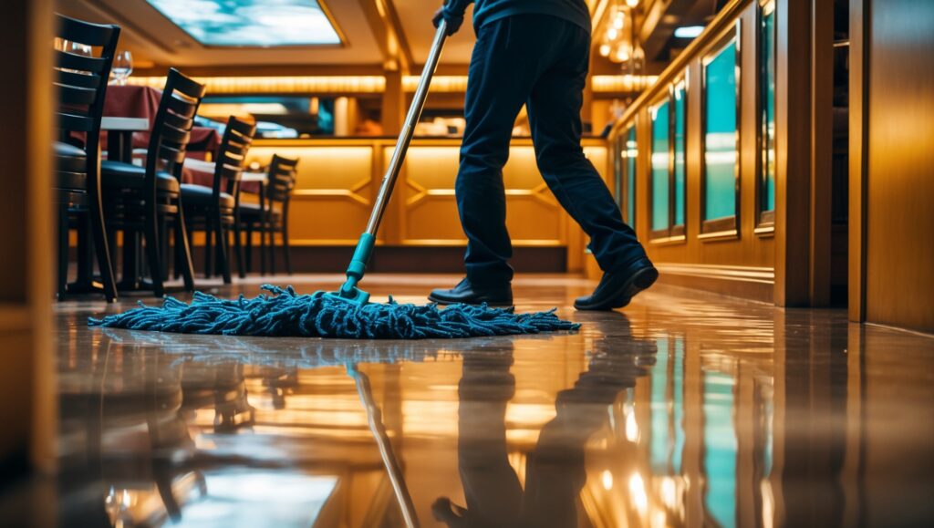 Restaurant Cleaning Ogden - A professional cleaner using an industrial mop to clean the floor of a restaurant. The floor is shining clean and gleaming as a result.