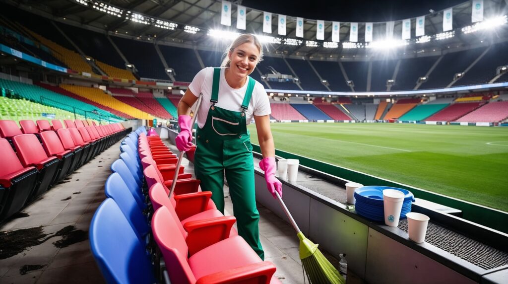 Stadium and Venue Cleaning Ogden Utah - A cheerful female cleaner in a green uniform and pink gloves is sweeping the seating area of a large stadium. The rows of colorful seats are being tidied up, and there are empty cups and trays awaiting collection. The bright stadium lights illuminate the field and the stands, indicating a thorough post-event cleanup. The cleaner’s smile and focus on the task demonstrate a commitment to maintaining a clean and organized venue for future events and spectators.