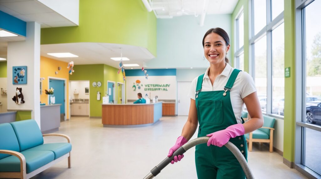 Veterinary Clinic Cleaning Ogden Utah - A smiling female cleaner wearing a green uniform and pink gloves is vacuuming the floor of a brightly colored veterinary clinic lobby. The clinic has a welcoming atmosphere with comfortable seating, playful pet decor, and large windows letting in natural light. In the background, a receptionist is visible at the front desk, ready to assist clients. The cleaner’s professional appearance and attention to detail convey a commitment to maintaining a clean and sanitary environment for both pets and their owners.