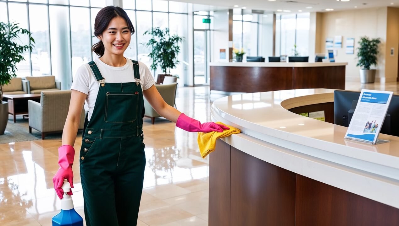 Bank Cleaning Cleaning Salt Lake City Utah - A smiling professional cleaner c clad in green overalls poses next to a bank counter she has just sanitized and polished to a gleam. Behind her are freshly cleaned leather chairs and a floor so squeaky clean it shines.