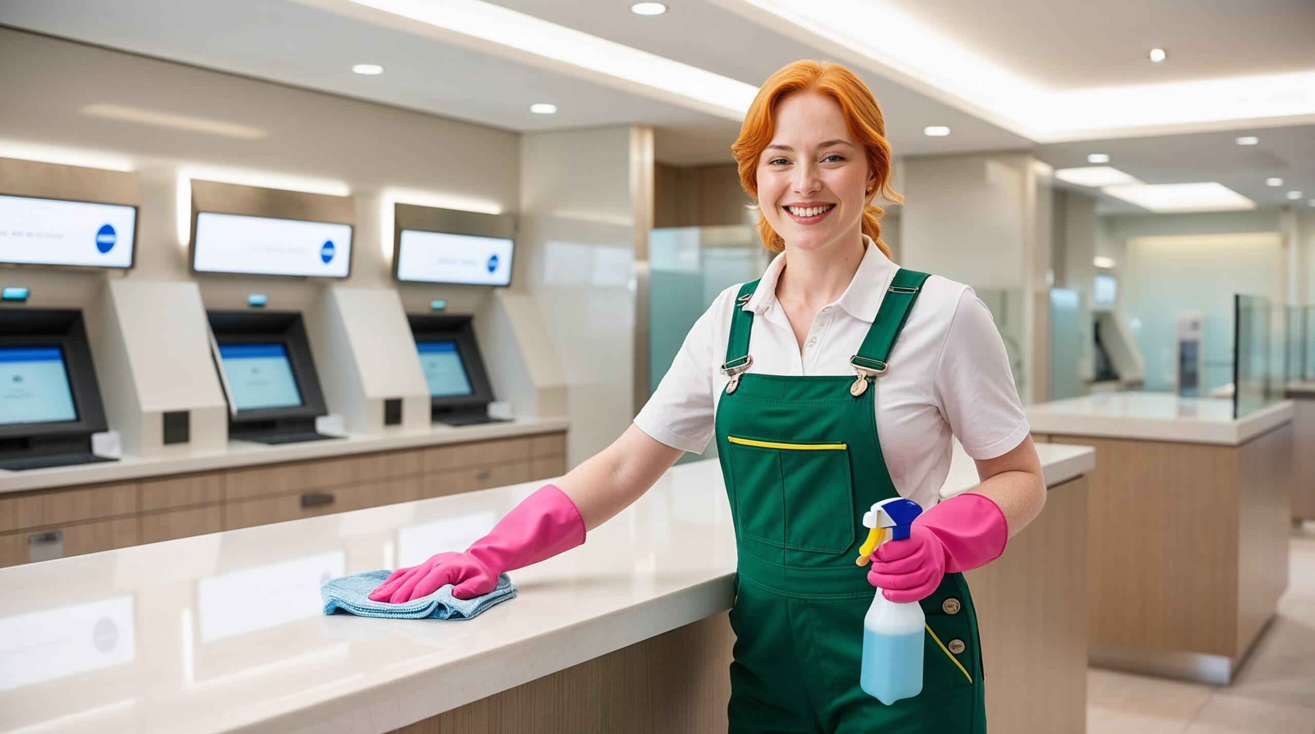 Bank Cleaning Salt Lake City Utah - A smiling female cleaner with red hair in a green uniform and pink gloves is wiping down a counter in a clean, modern bank. She is holding a spray bottle and cloth, emphasizing her role in maintaining the facility's cleanliness. The bank features sleek counters, ATMs, and well-lit, organized spaces that create a professional and welcoming atmosphere. Her friendly demeanor and attention to detail highlight the bank’s commitment to providing a hygienic environment for customers and staff.