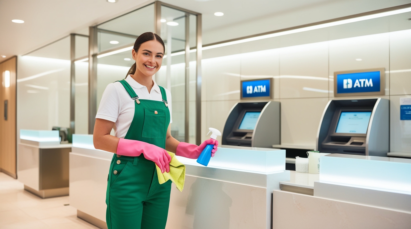 Bank Cleaning Logan Utah. A smiling cleaner in green overalls and a white shirt, equipped with pink gloves, holds a blue spray bottle and yellow cloth while cleaning a sleek countertop in a modern bank interior. ATM machines are visible in the background, and the setting is well-lit with a professional and organized atmosphere, ensuring a hygienic and welcoming environment for customers.