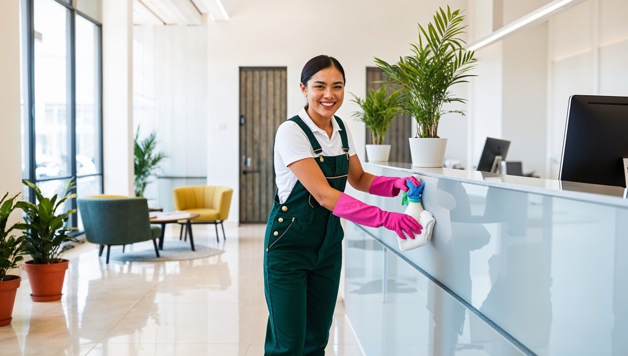 Bank Cleaning Logan Utah - A cheerful professional cleaner in a white shirt, green overalls, and pink gloves smiles at the viewer as she wipes and sanitizes a counter in a bank lobby. The floor and windows behind her are immaculately clean and spotless.