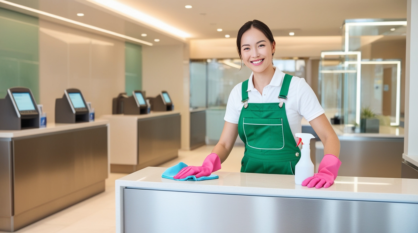 Bank Cleaning Logan Utah. A cheerful cleaner in green overalls and a white shirt, wearing pink gloves, is wiping down a polished countertop with a blue cloth and spray bottle in hand. The bank’s interior features modern ATMs and clean lines, reflecting a professional and well-maintained environment, ensuring a pristine and welcoming space for clients.