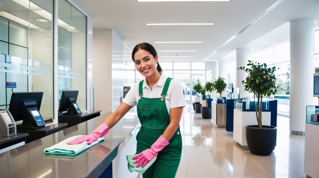 Bank Cleaning Ogden Utah - A smiling female cleaner in a green uniform and pink gloves is wiping down a counter in a modern bank lobby. The bank features a clean and bright environment with sleek counters, computer stations, and potted plants that enhance the professional ambiance. The large windows allow natural light to fill the space, creating an open and inviting atmosphere. The cleaner’s attentive work highlights the commitment to maintaining a clean and orderly banking facility for customers and staff.